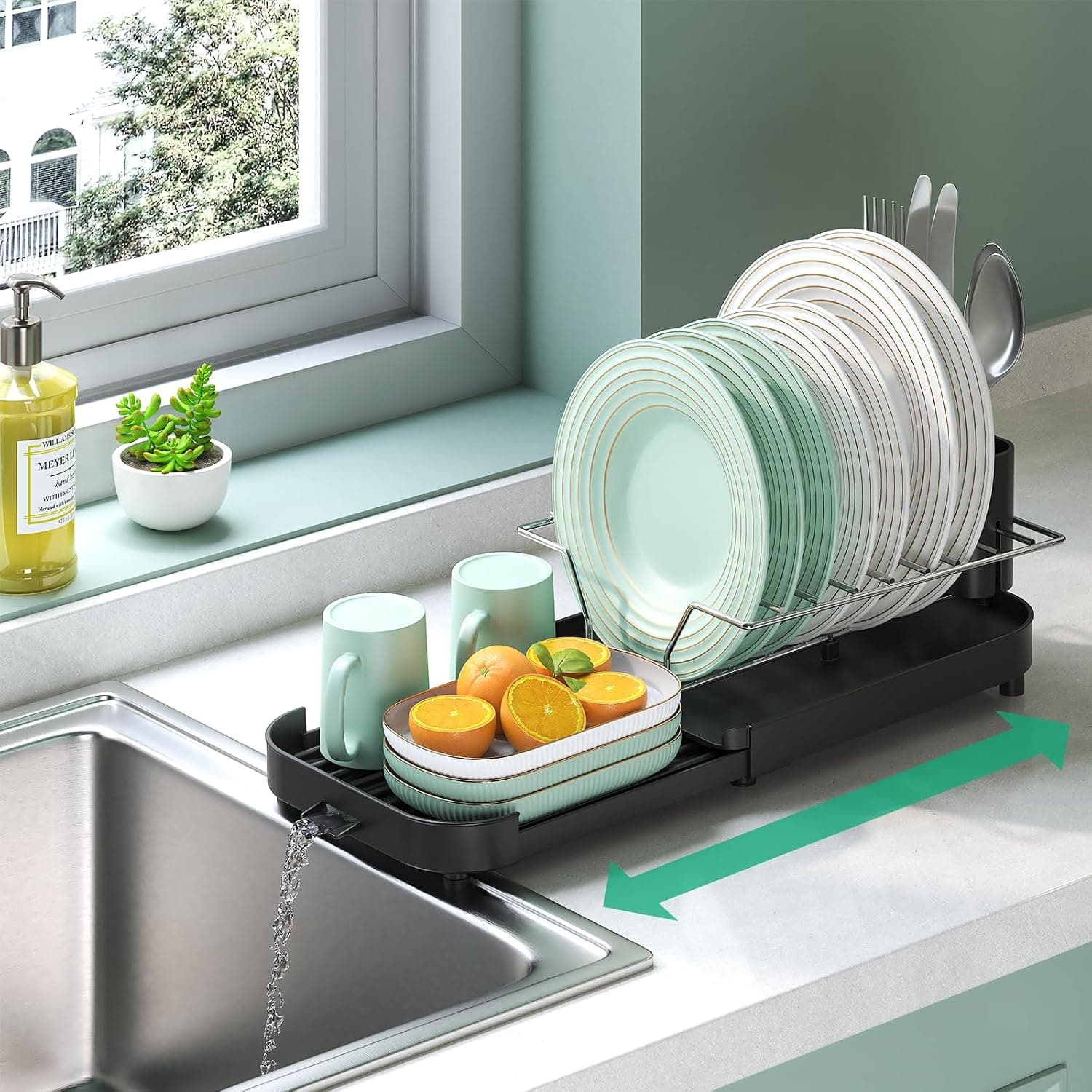 Small Dish Drying Rack, Expandable Compact Dish Drainer (12"-18.5"), Narrow Dish Rack for Kitchen Counter with Cutlery Holder, Black