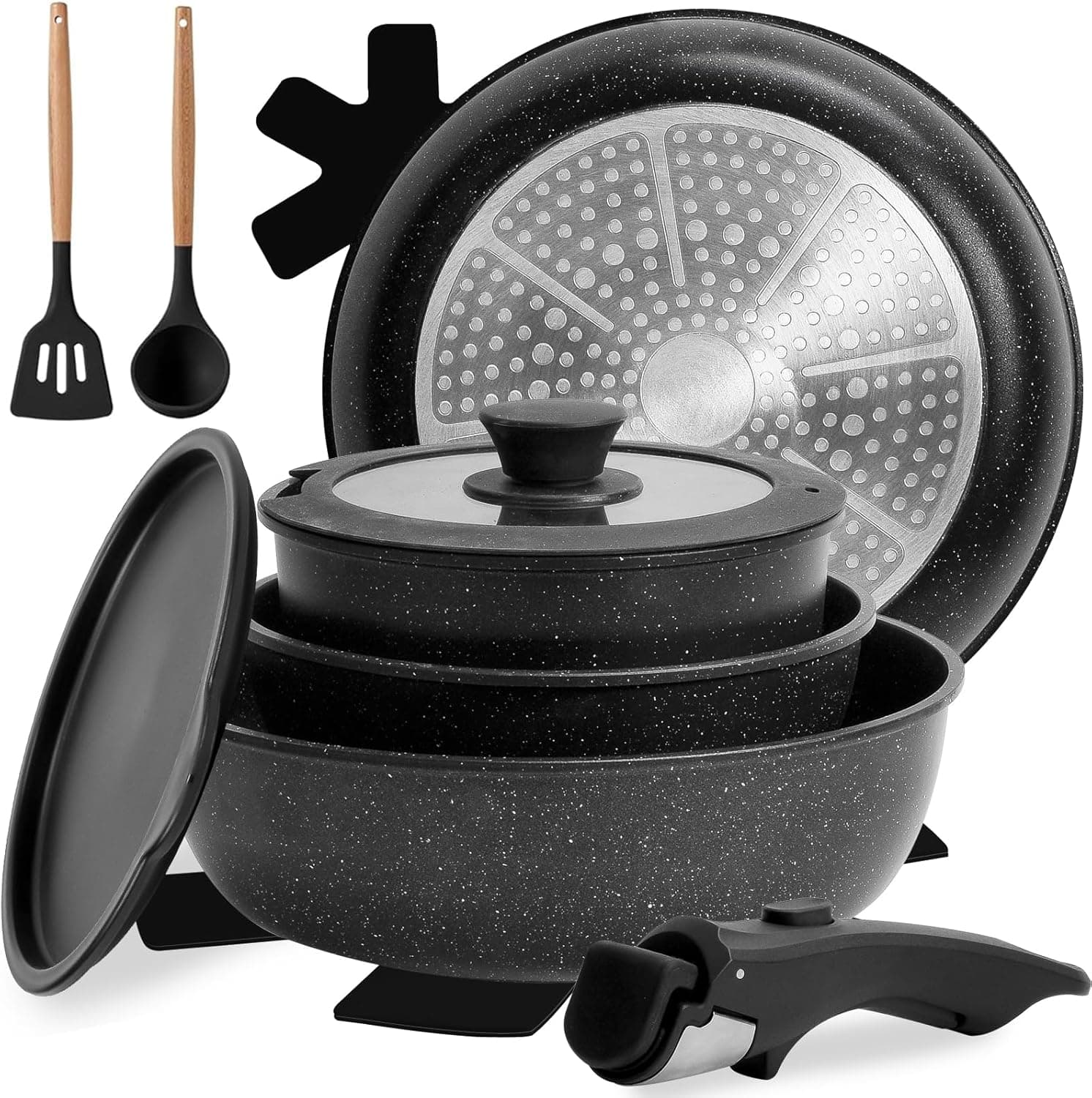 Numola 10 pcs Pots and Pan Set Nonstick with Detachable Handle, Stackable, Oven Safe