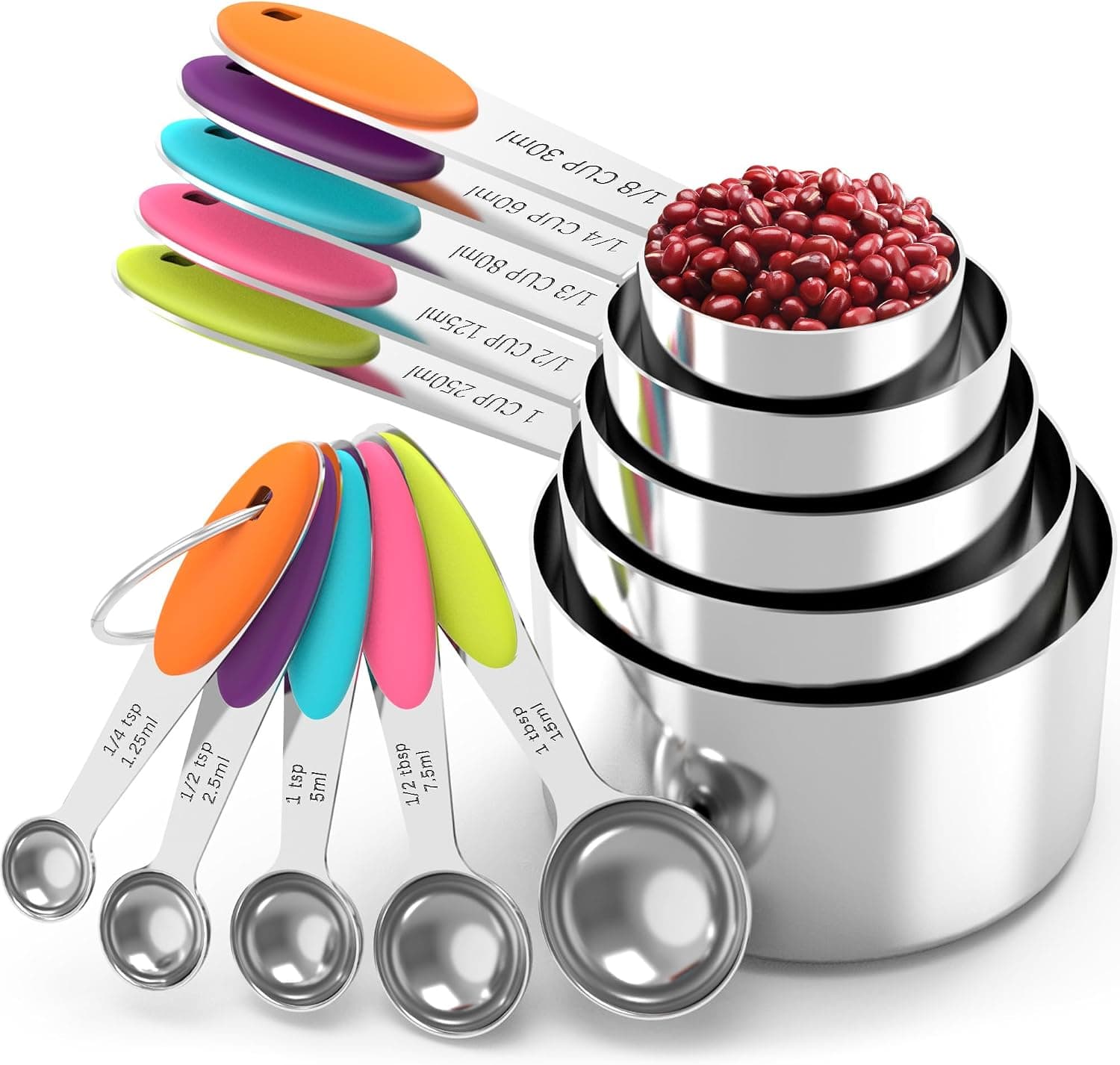 TILUCK Nesting Measuring Cups and Spoons Set, Stainless Steel with Silicone Handle (10 piece)