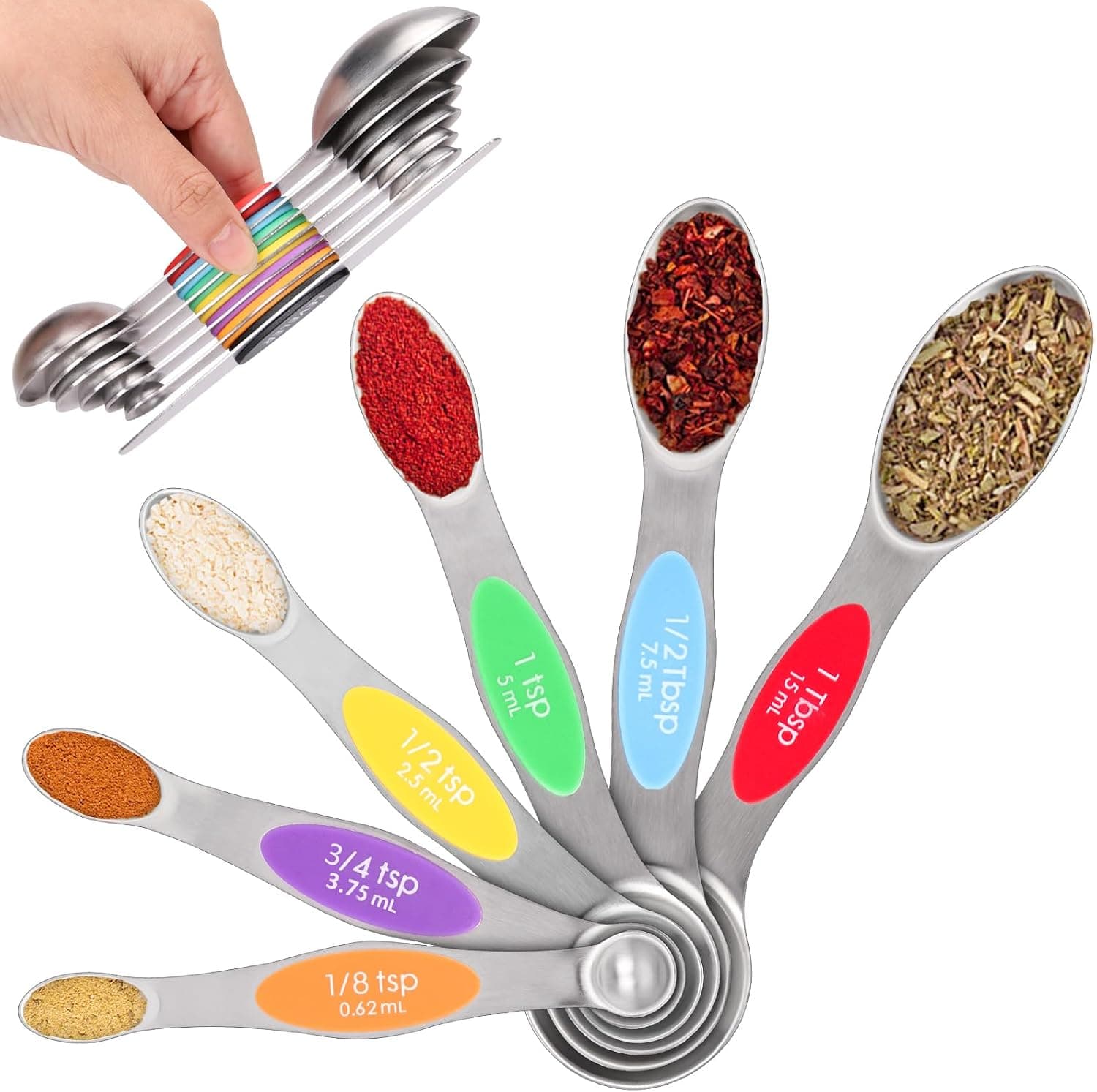 Magnetic Measuring Spoons Set, 7-Piece Stainless Steel Dual Sided with Leveler, Rustproof Nesting