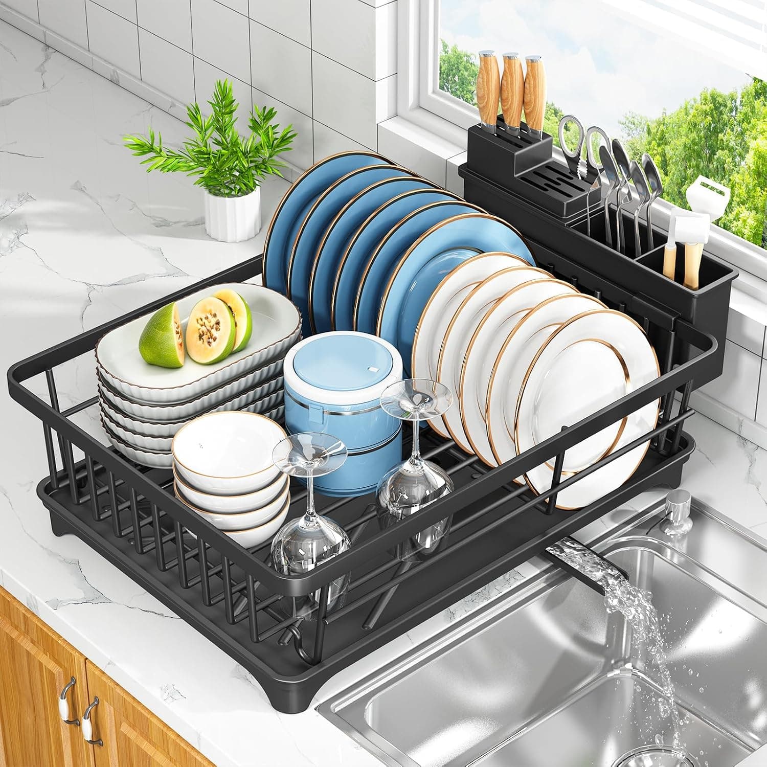Kmiectse Dish Drying Rack for Small Kitchen Counter with Utensil Holder, Space Saving Rust Resistant Compact Dish Drainer Organizer, Black
