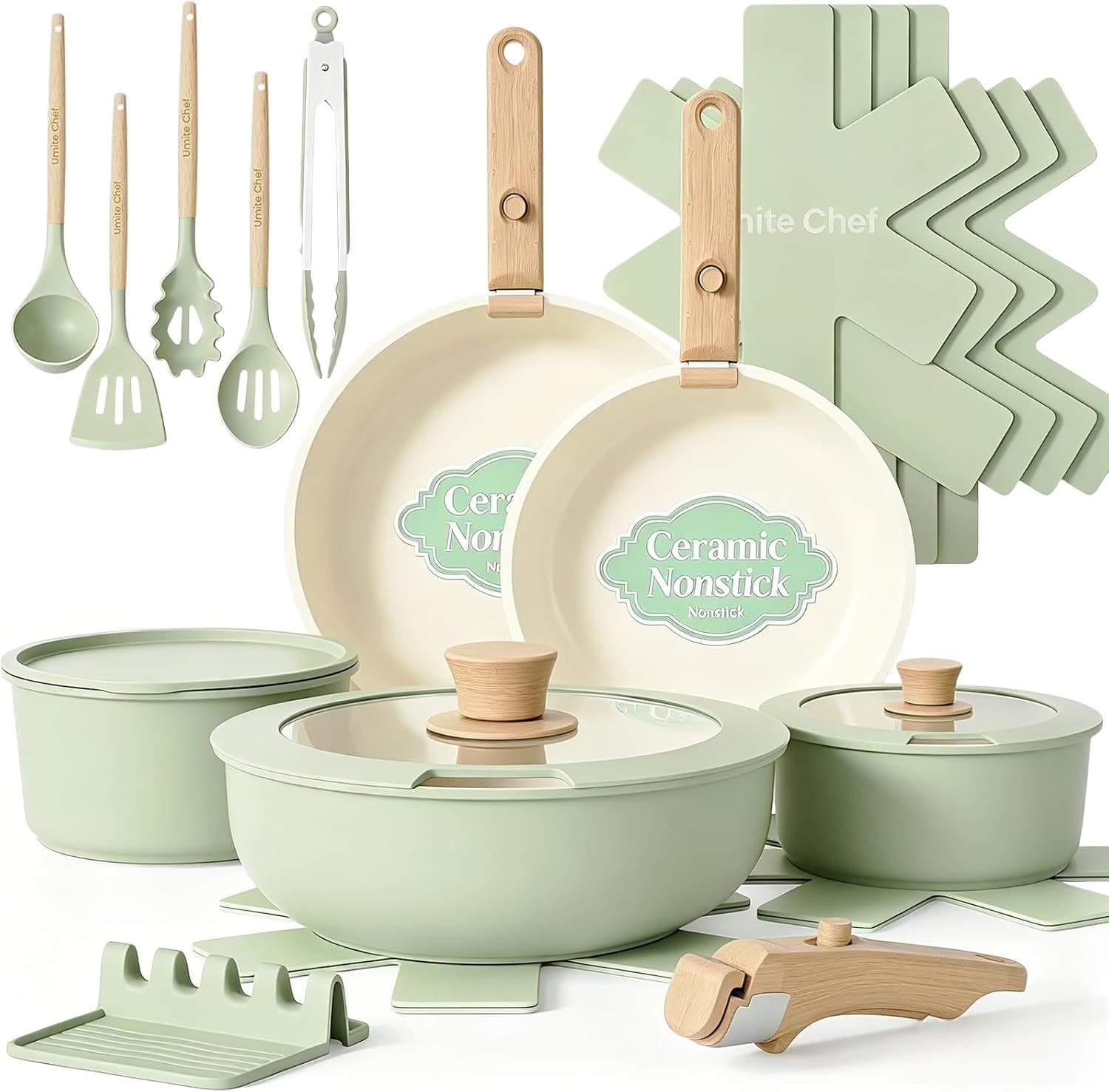 Umite Chef 21 Pcs Ceramic Cookware Set with Detachable Handle, Stackable, Induction, Sage Green