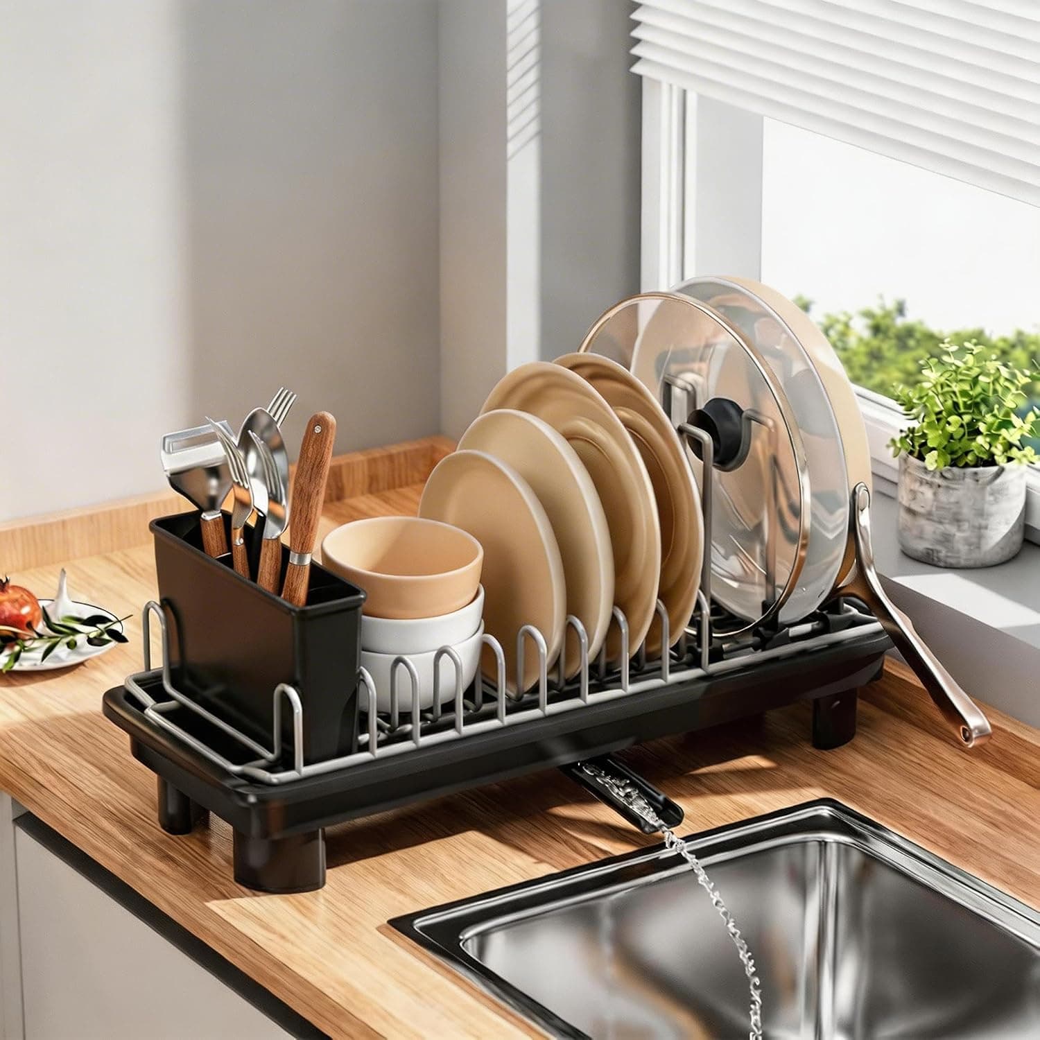 Small Dish Drying Rack, Compact Dish Rack for Kitchen Counter with 360 Rotating Drain Spout and Utensil Holder, Stainless Steel Countertop Dish Drainer