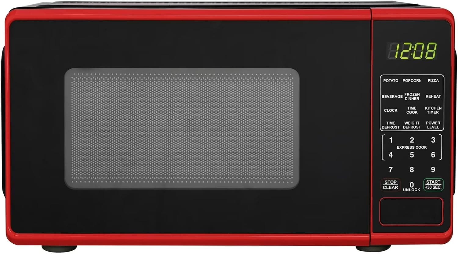 0.7 Cu Ft Compact Countertop Microwave, 700W, 10 Power Levels, Digital Display, Child Lock, Red