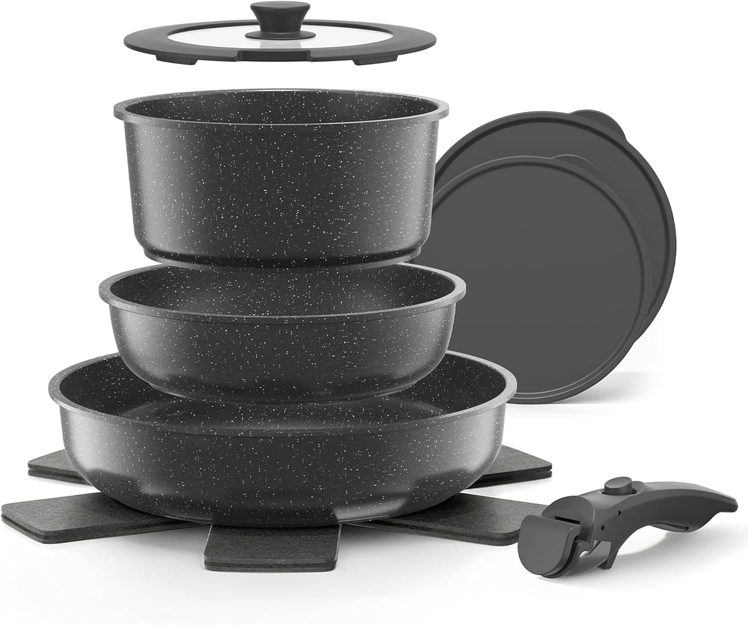 YASHE 9Pcs Granite Nonstick Pots and Pans Set, Stackable, Detachable Handle for RV & Camping