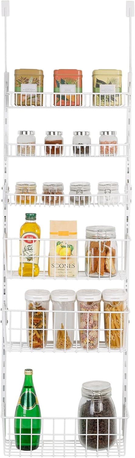 Smart Design Over The Door Adjustable Pantry Organizer Rack, 6 Shelves, White