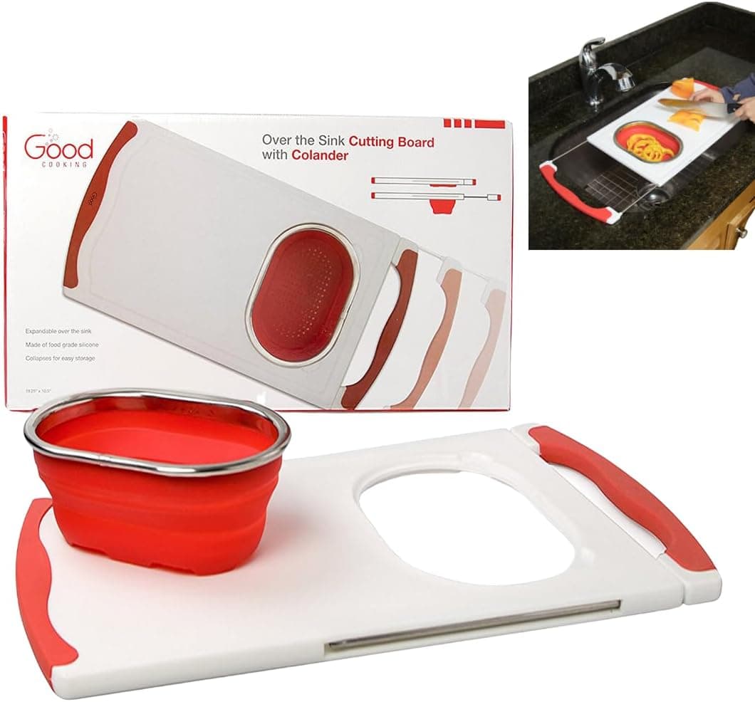 Good Cooking Over the Sink Extendable Cutting Board with Built-In Collapsible Silicone Colander