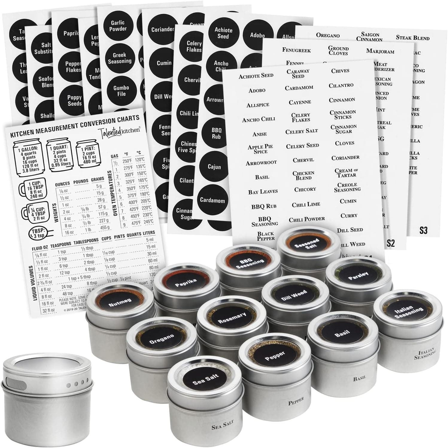 Talented Kitchen Magnetic Spice Jars, 3 oz Stainless Steel, Set of 12