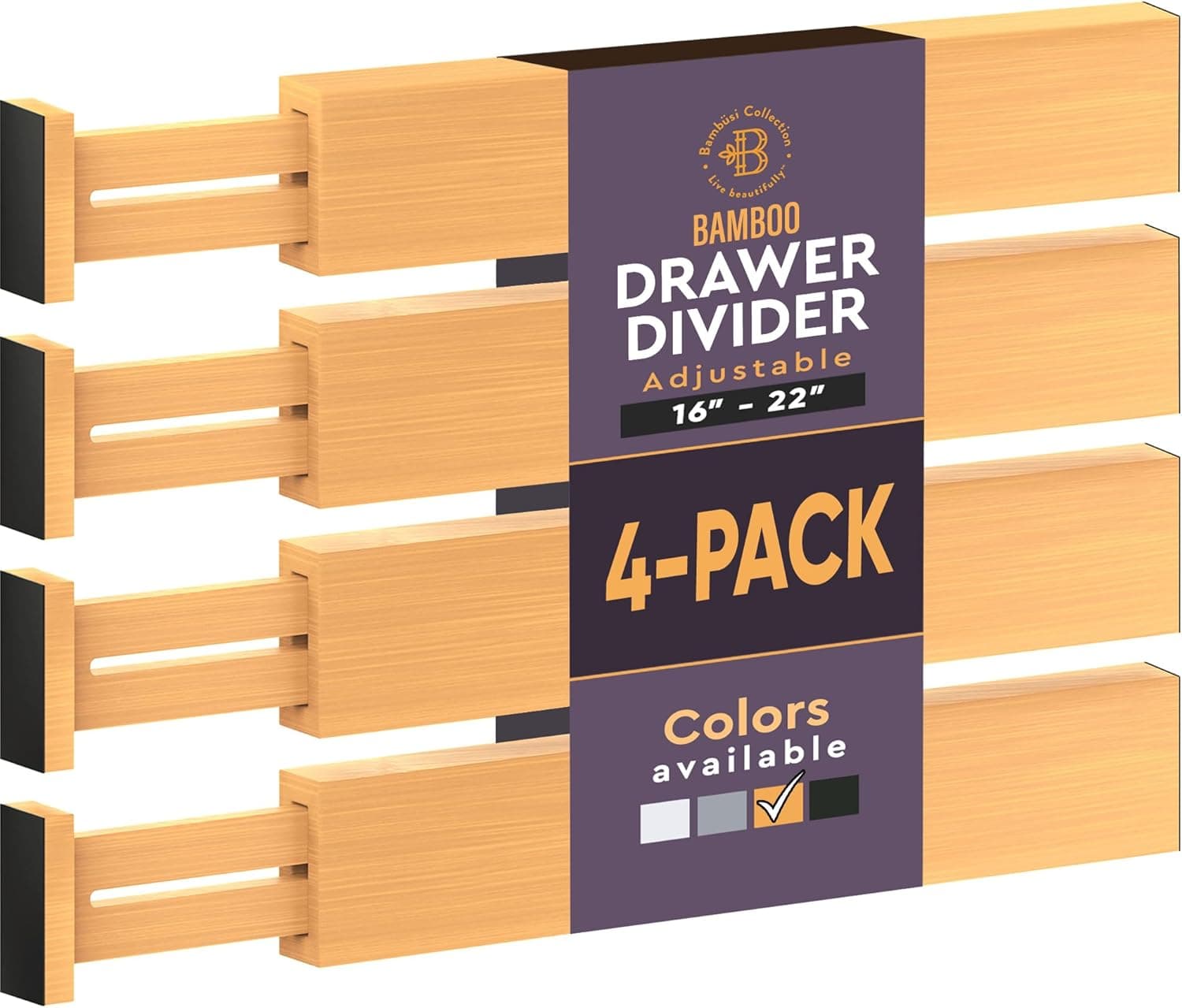Bambüsi 4-Pack Drawer Divider, 2.6" High, 16"-22" Adjustable Bamboo Organizers