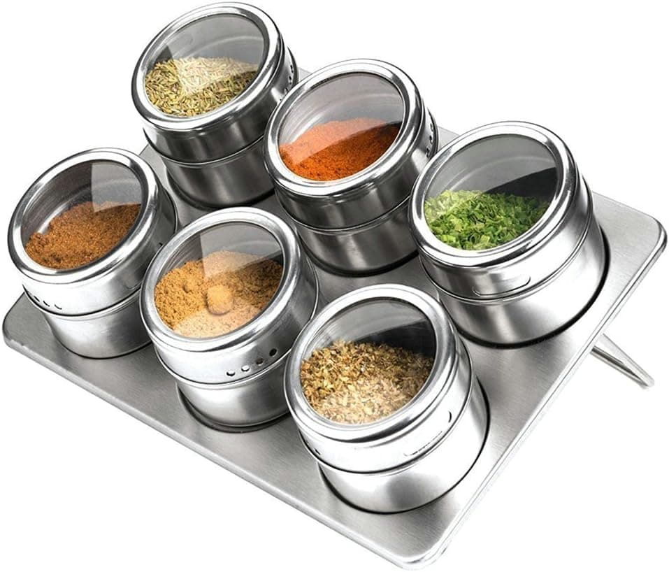 Magnetic Spice Tins Jars with Rack Stainless Steel, Clear Top, Set of 6