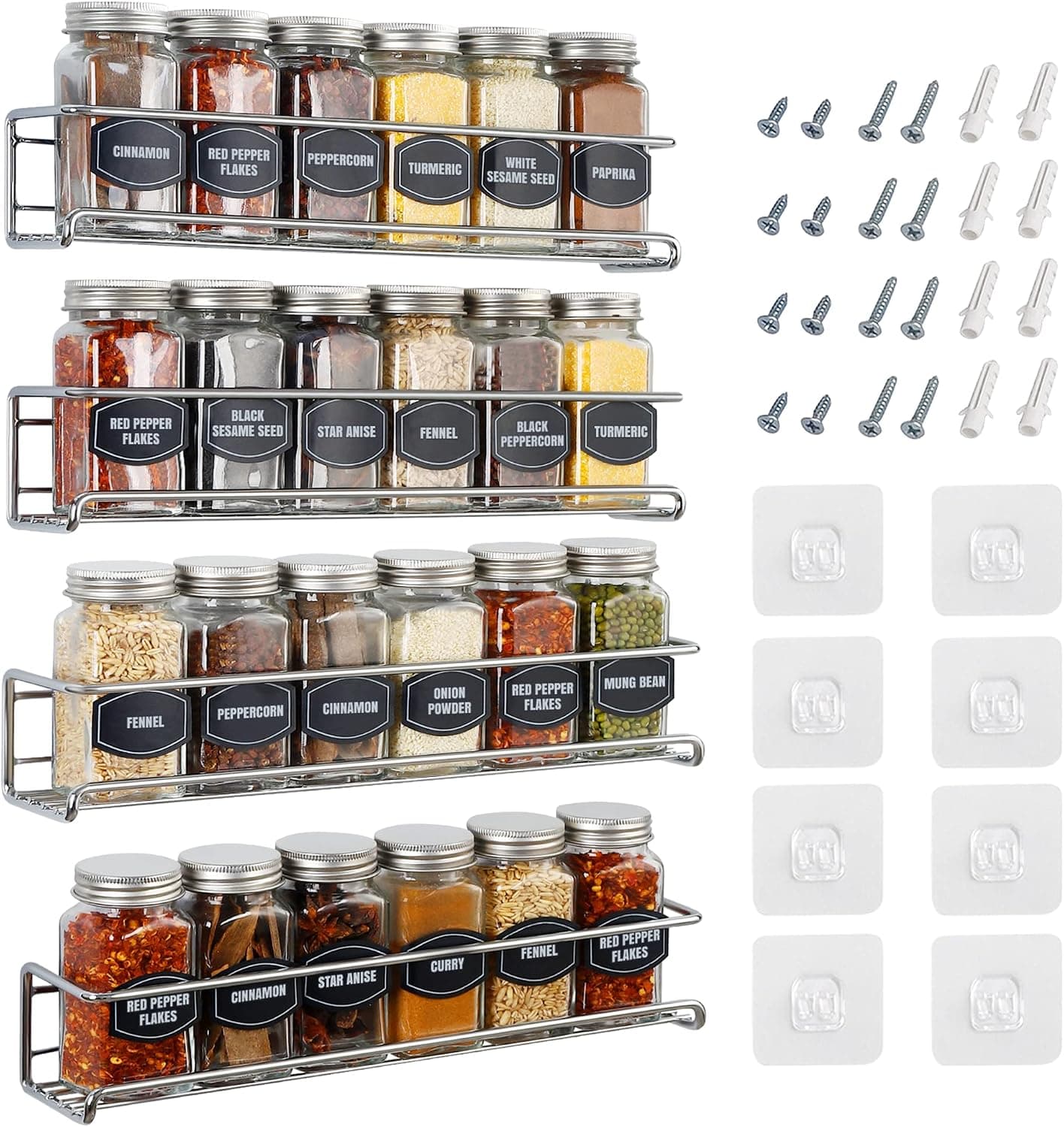 Ultimate Hostess Spice Rack Wall Mounted 4 Tier, Screw or Adhesive Hanging