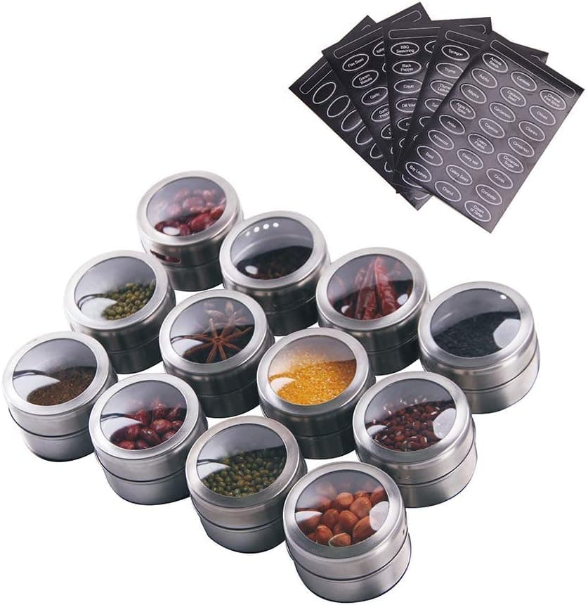 Sanvcomy 12 Magnetic Spice Tins Stainless Steel with Sift & Pour, 120 Labels