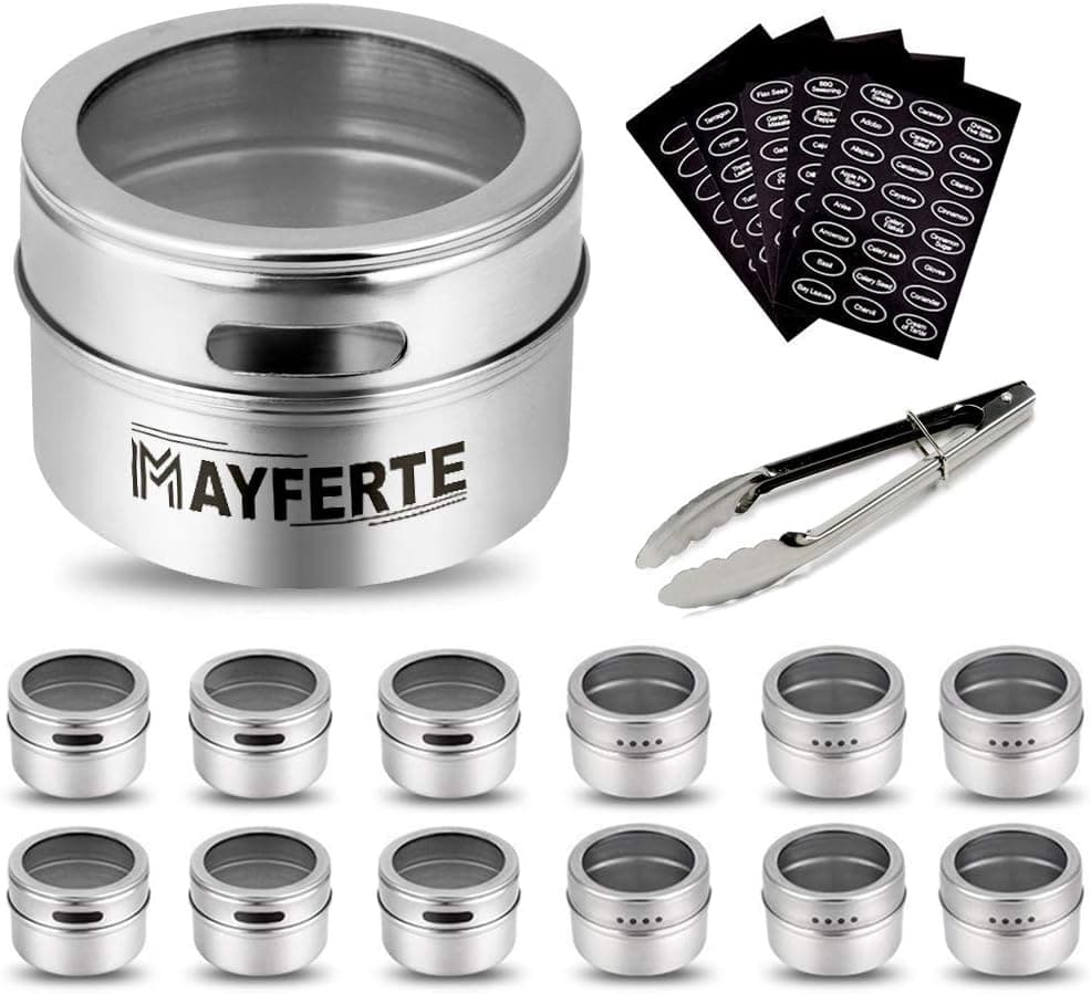 Magnetic Spice Tins Set of 12 with 120 Labels & Tongs, Sift & Pour
