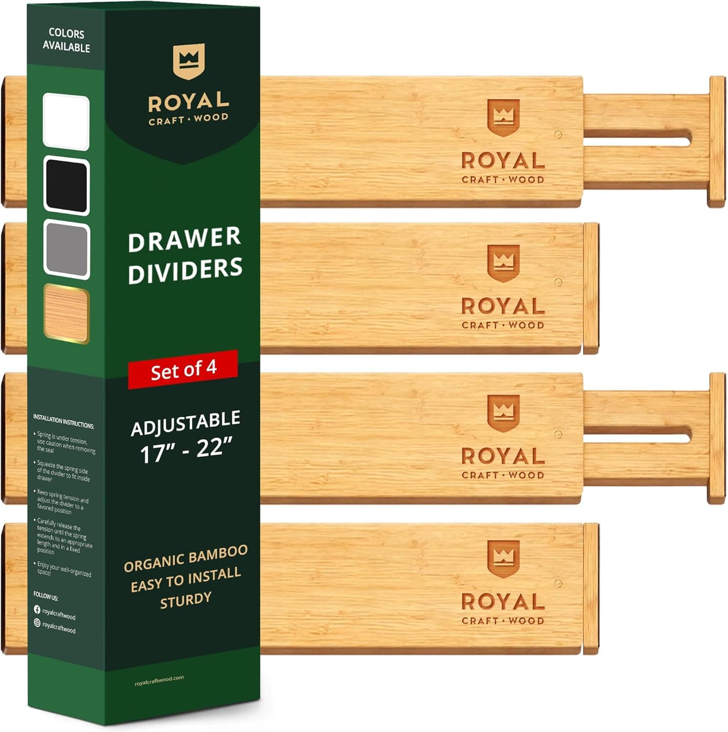 Bamboo Drawer Dividers Organizers, Adjustable 17-22 Inches Expandable, 4-Pack