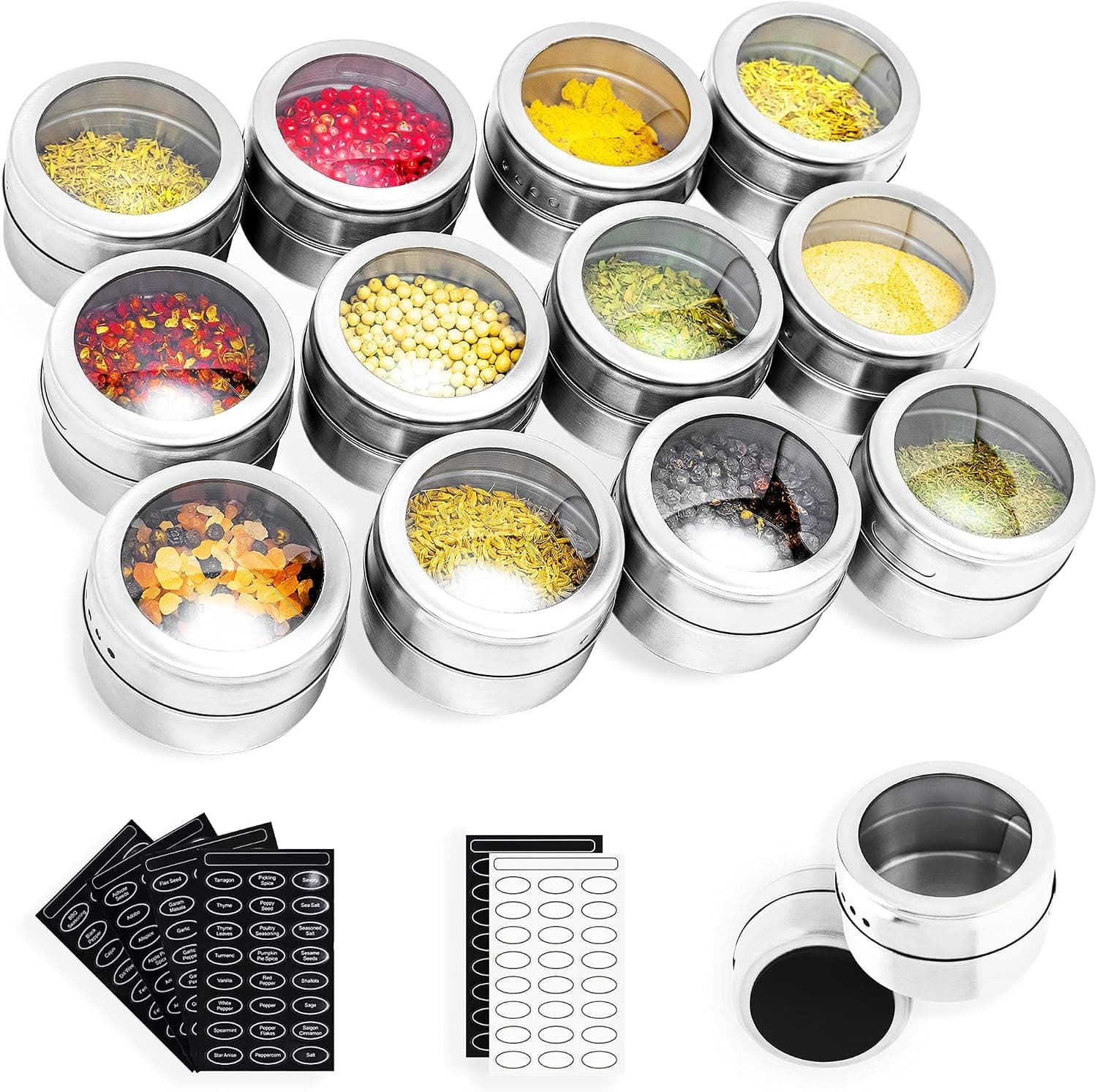 SZILBZ Stainless Steel Magnetic Spice Jars, Set of 12, Clear Lid Sift or Pour