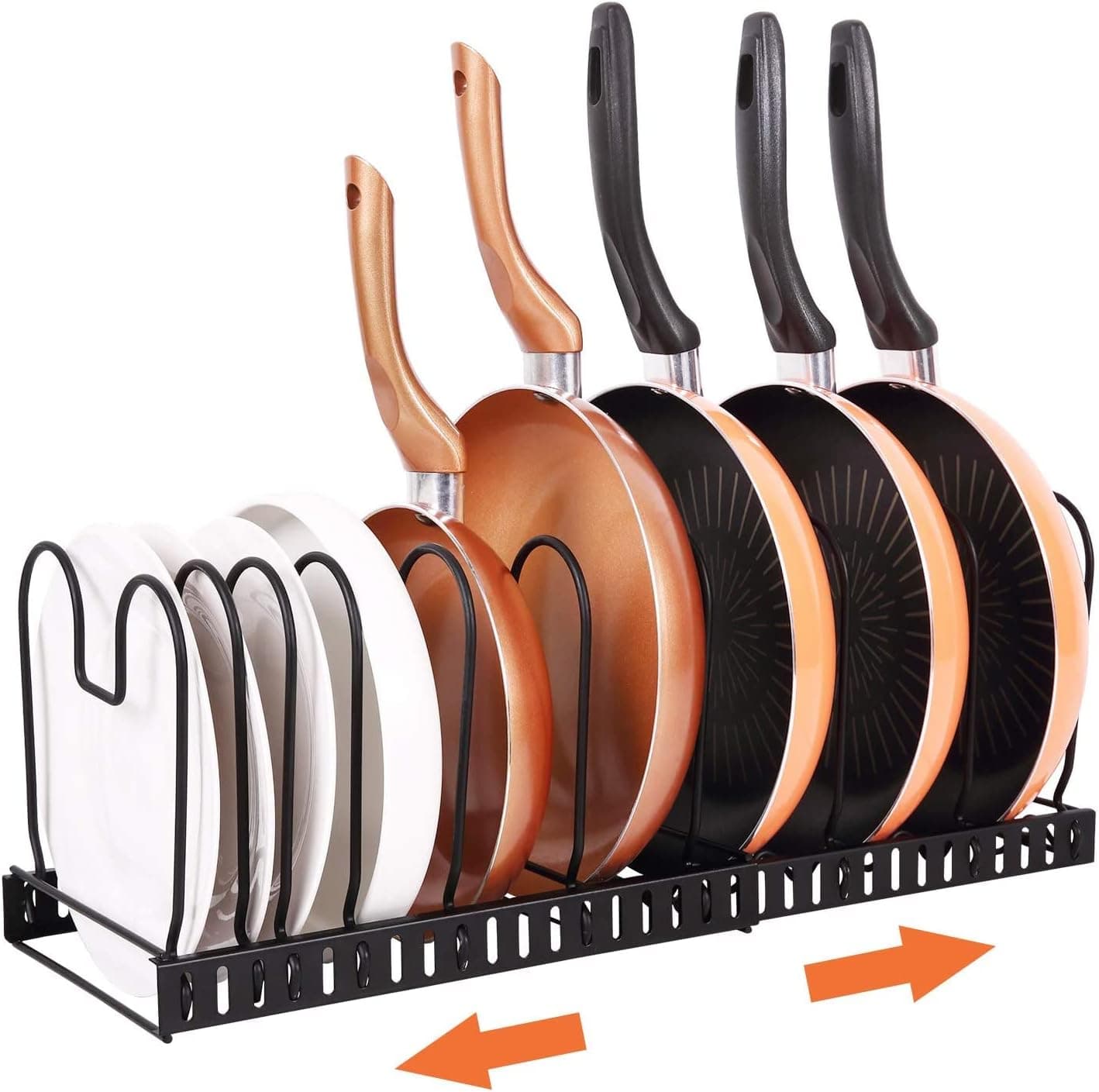 Pot and Pan Organizer Rack for Cabinet, Expandable Pot Lid Organizer with 10 Adjustable Compart