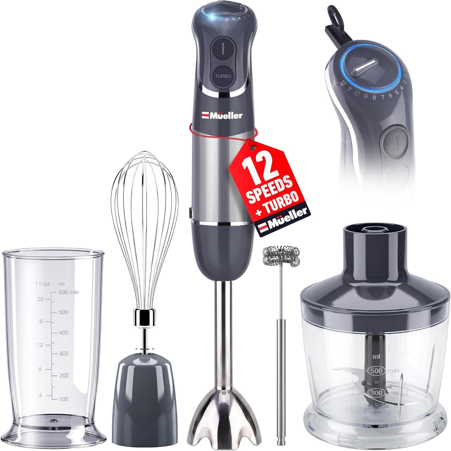 Mueller Multistick 5-in-1 Immersion Blender Handheld, 12 Speed Hand Mixer with Turbo Boost