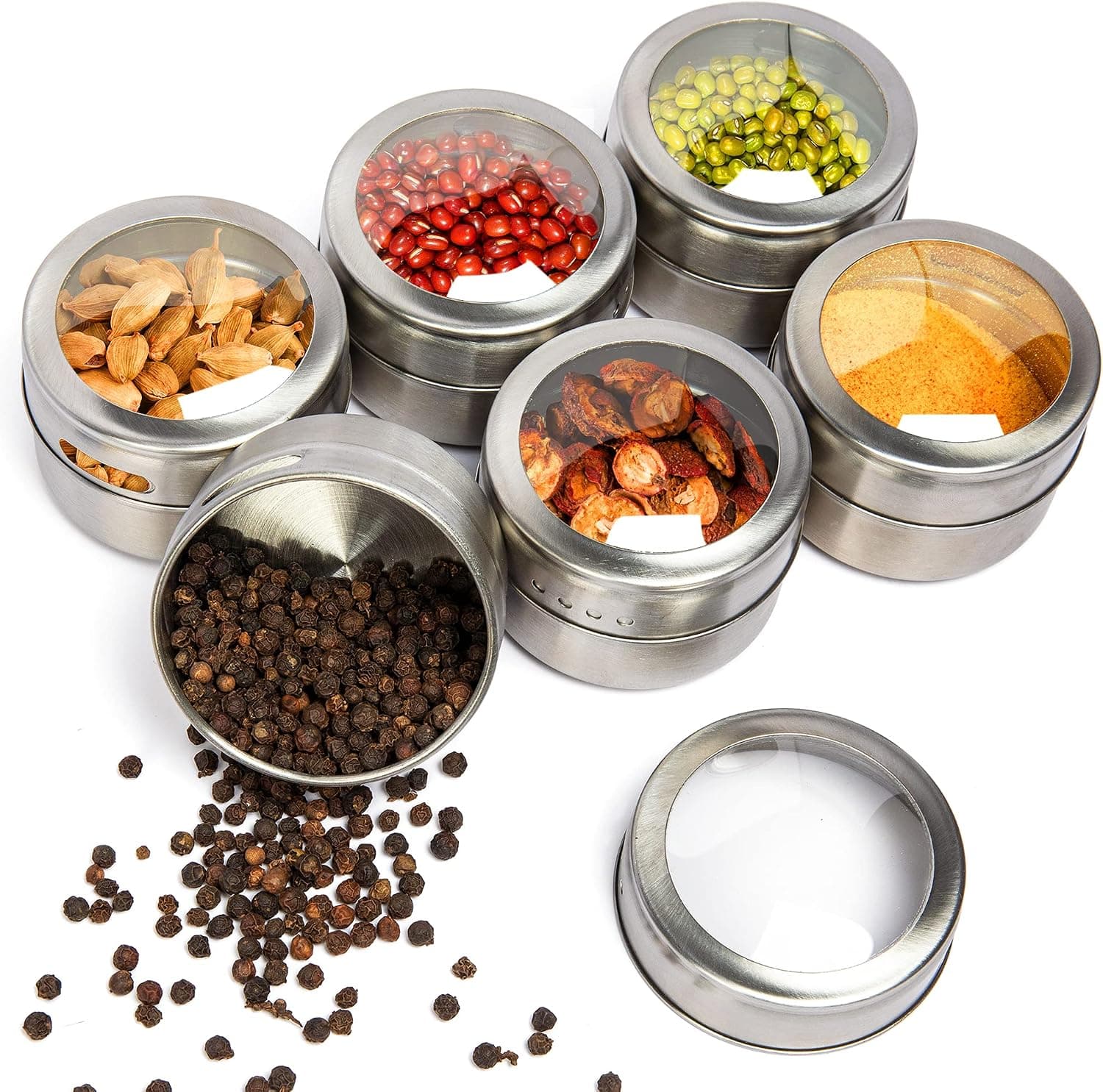 Magnetic Spice Tins Stainless Steel with Label, Set of 6 with Shaker Lid