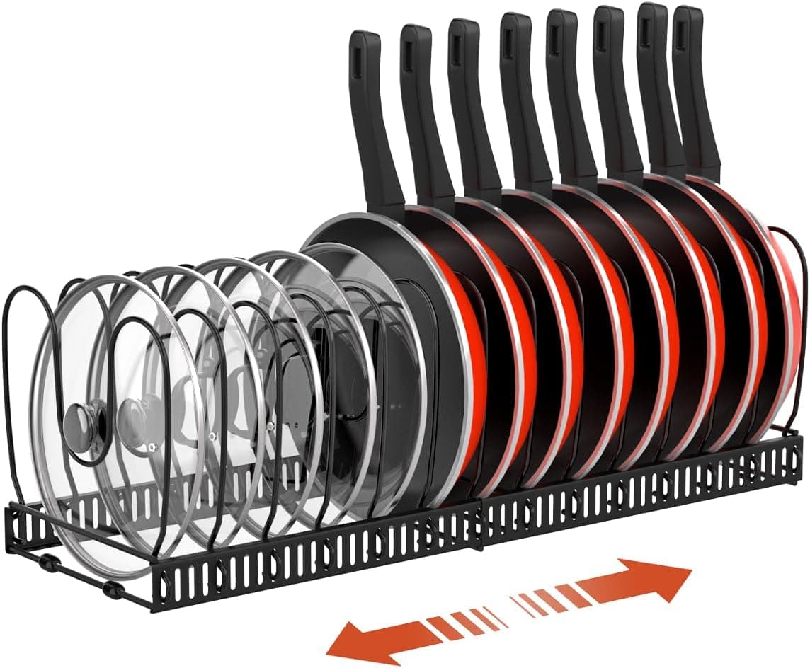 Housolution Pot and Pan Organizer Rack for Cabinet, Expandable with 14 Adjustable Dividers, Bla