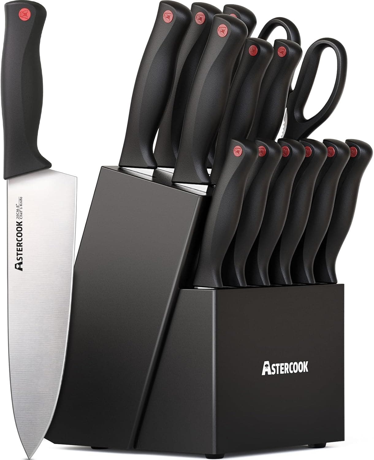Astercook 15-Piece Knife Set with Built-in Sharpener, German Stainless Steel Block