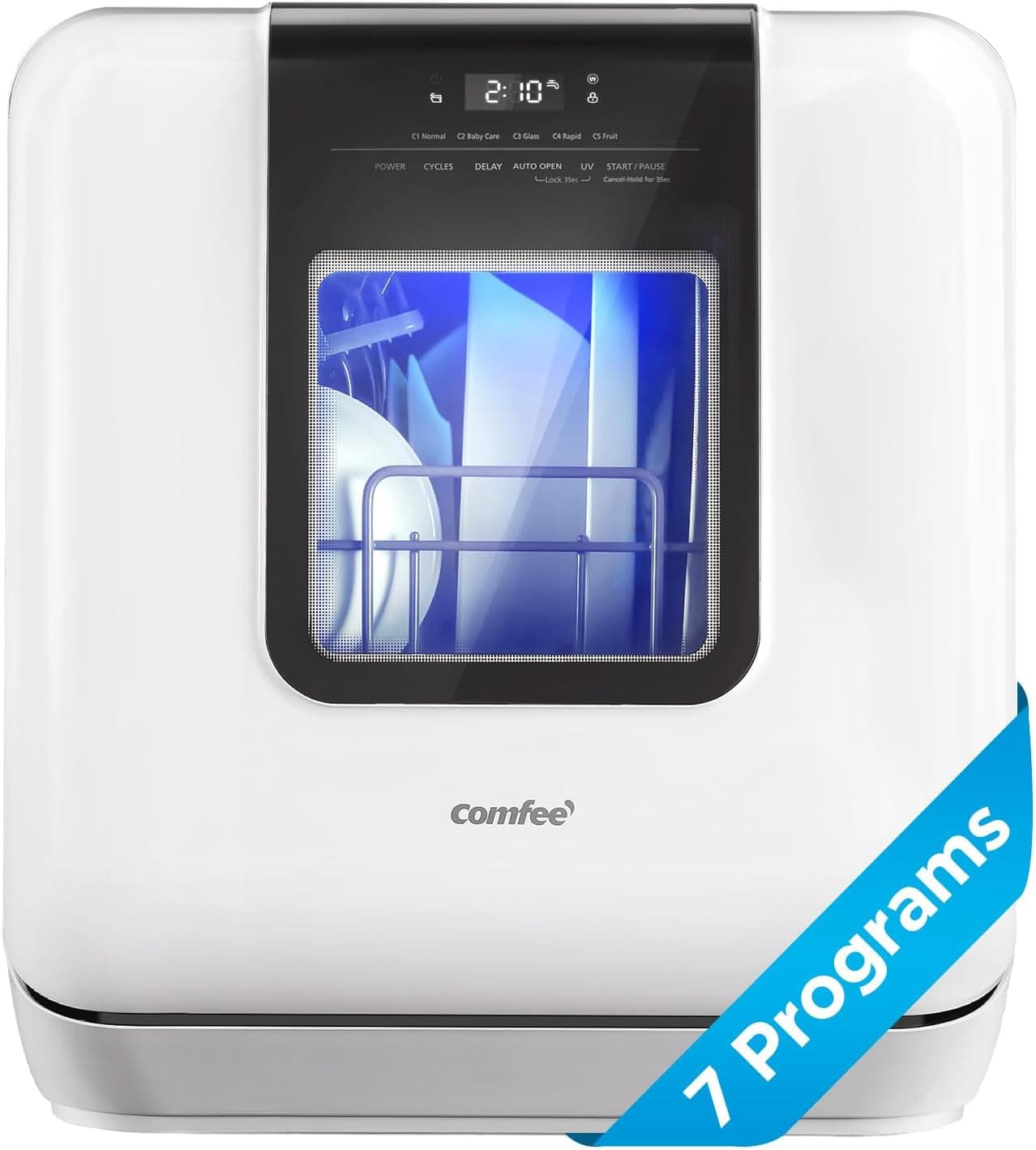 COMFEE' Countertop Dishwasher, Portable with 6L Built-in Water Tank, 7 Programs, UV Hygiene, Wh
