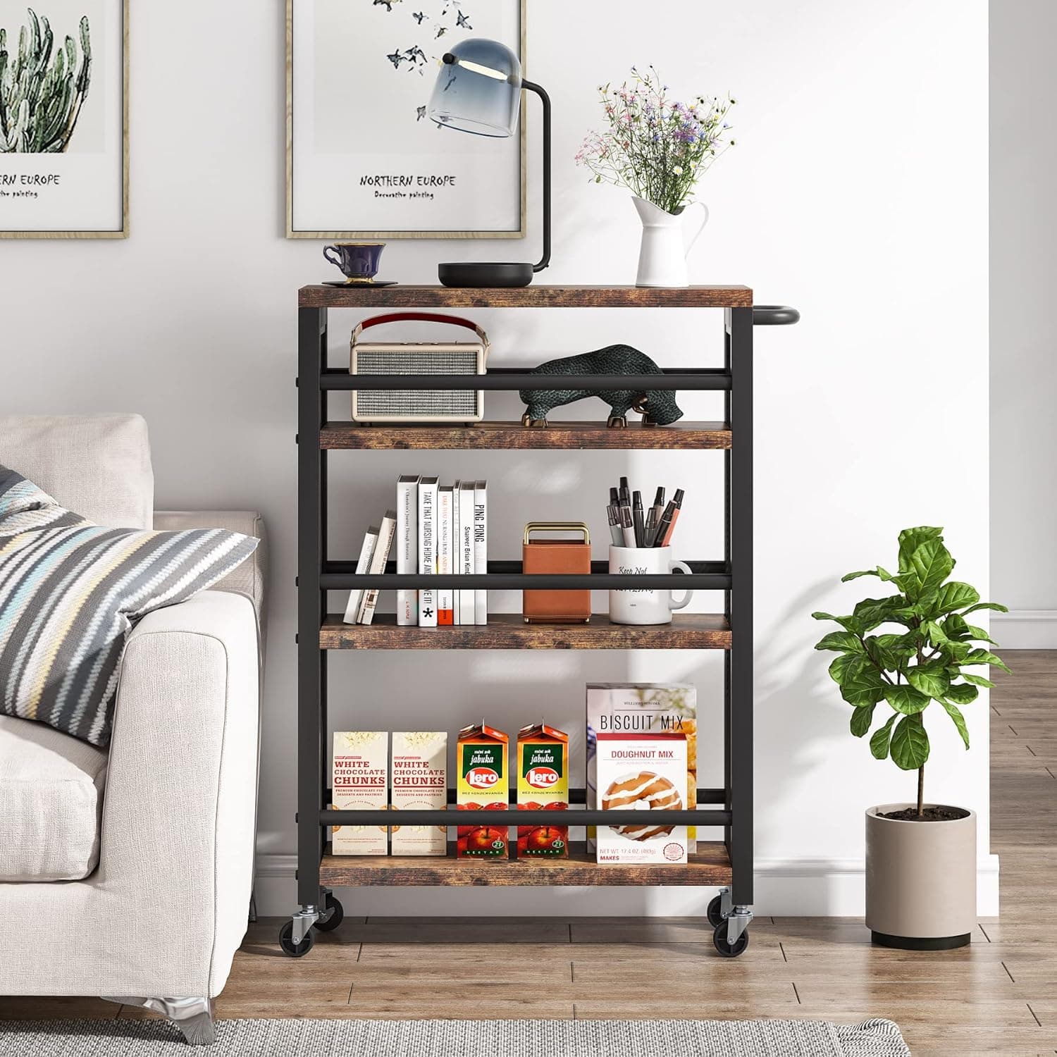 Tribesigns Slim Rolling Utility Cart with Wheels, 4-Tier Narrow Kitchen Trolley