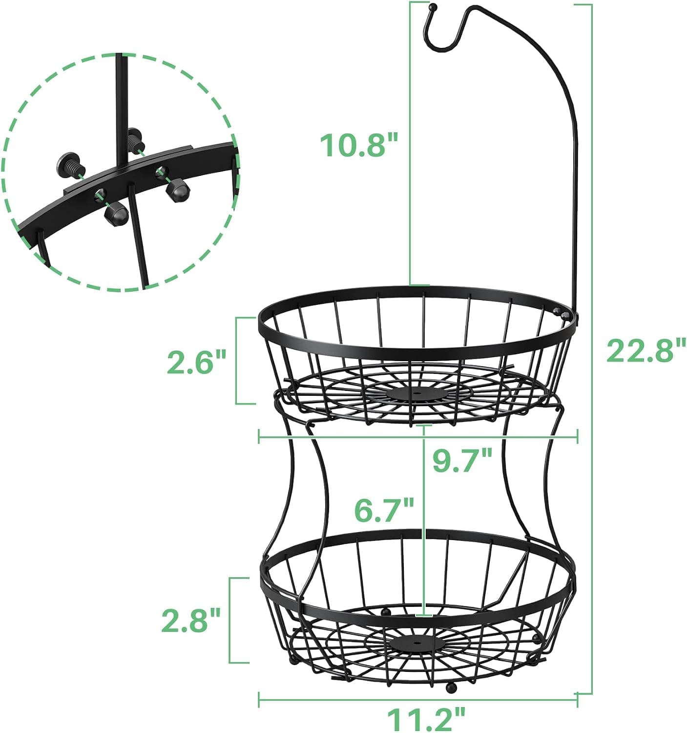 SAYZH 2-Tier Fruit Basket Bowl Stackable with Banana Tree Hanger