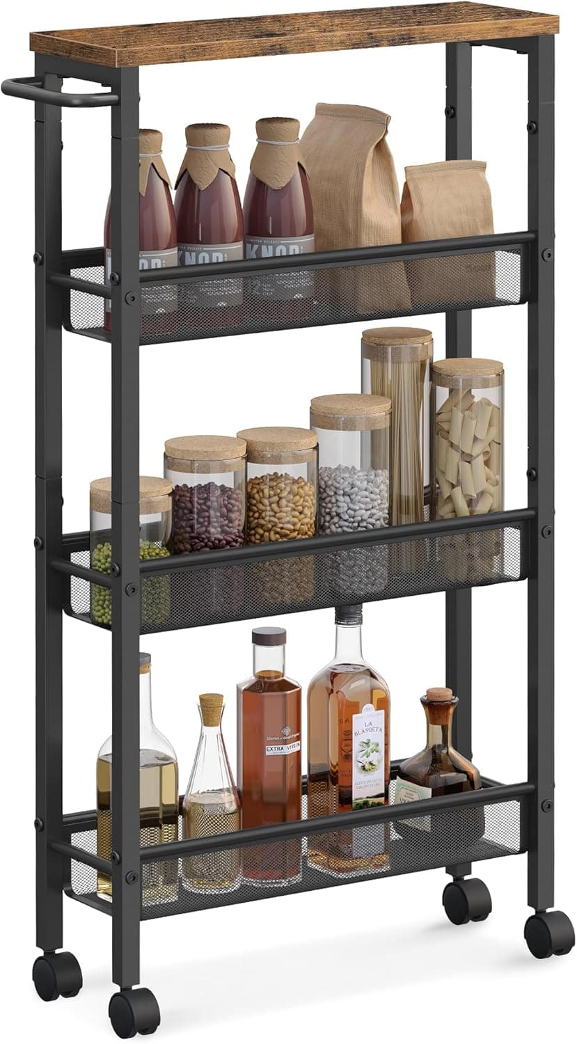 VASAGLE Slim Rolling Cart 4-Tier Narrow Storage Cart, 5.1" Deep, Metal Frame