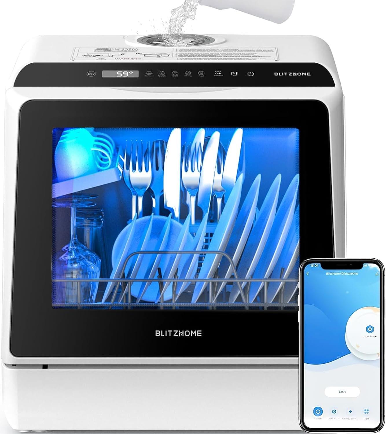 BLITZHOME Portable Dishwasher Countertop, WIFI Smart Dishwasher with Built-in Water Tank