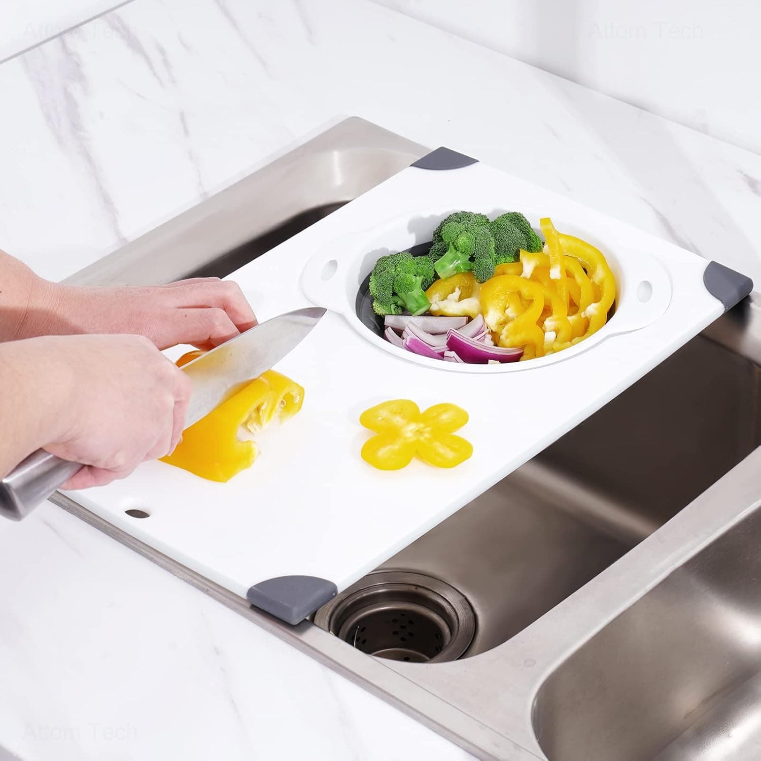 NiHome Over the Sink Cutting Board with Collapsible Colander, 2-in-1 Sink Drainer Board 11x17.7