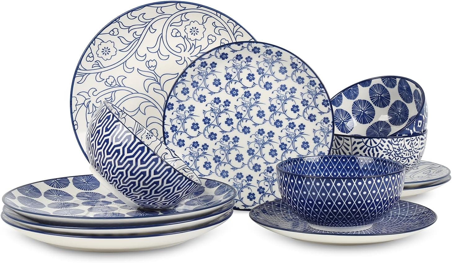Selamica Ceramic Dinnerware Set, 12-Piece Plates and Bowls, Service for 4