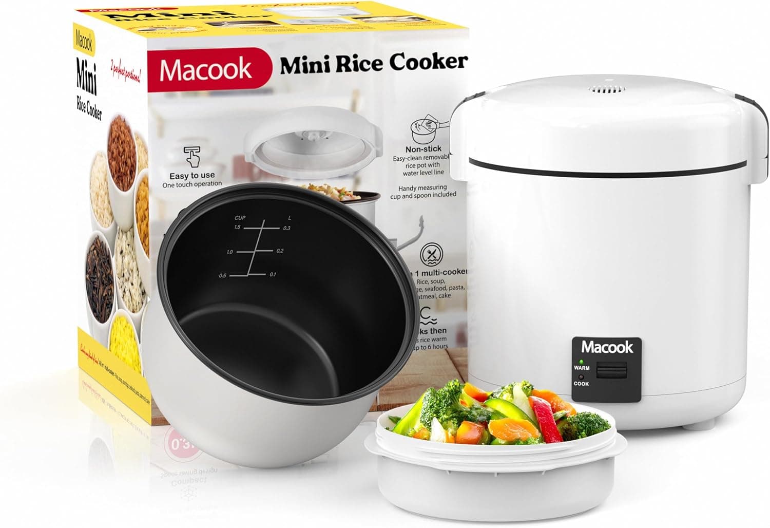 Mini Rice Cooker 1-1.5 Cups Uncooked with Bento Box, Removable Nonstick Pot, Black