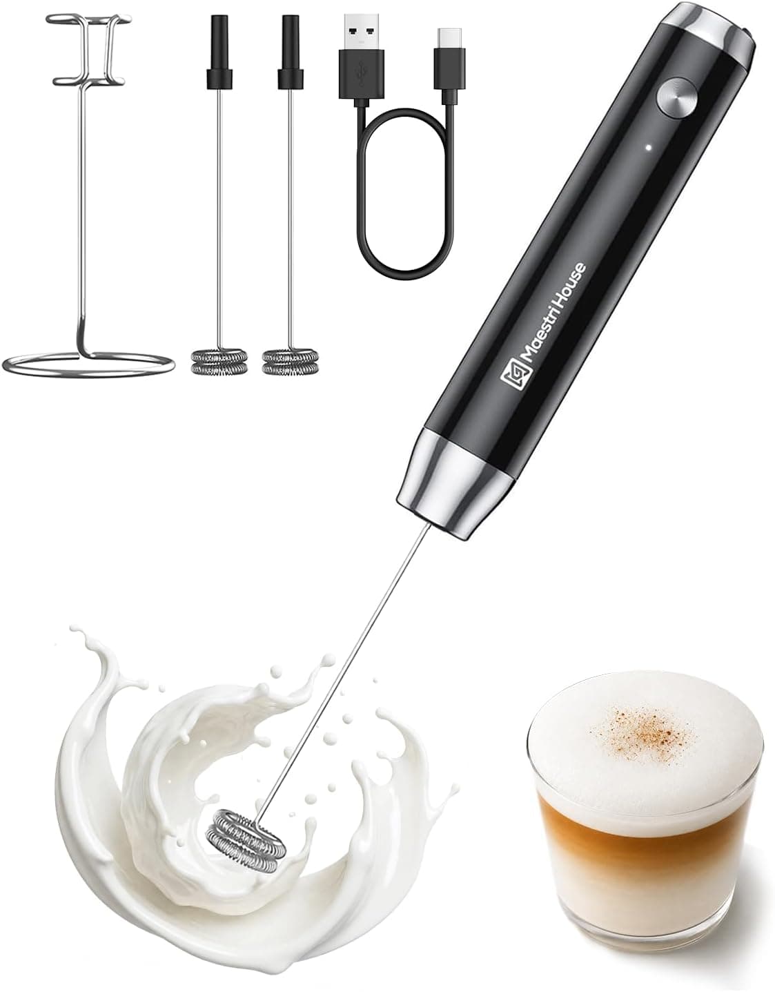 Maestri House Rechargeable LunaFro Handheld Milk Frother with Stand
