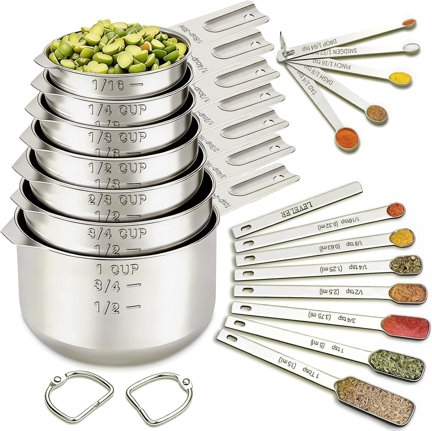 EWFEN Measuring Cups and Spoons Set, 7 Stainless Steel Nesting Cups & 7 Spoons with Leveler, Sq
