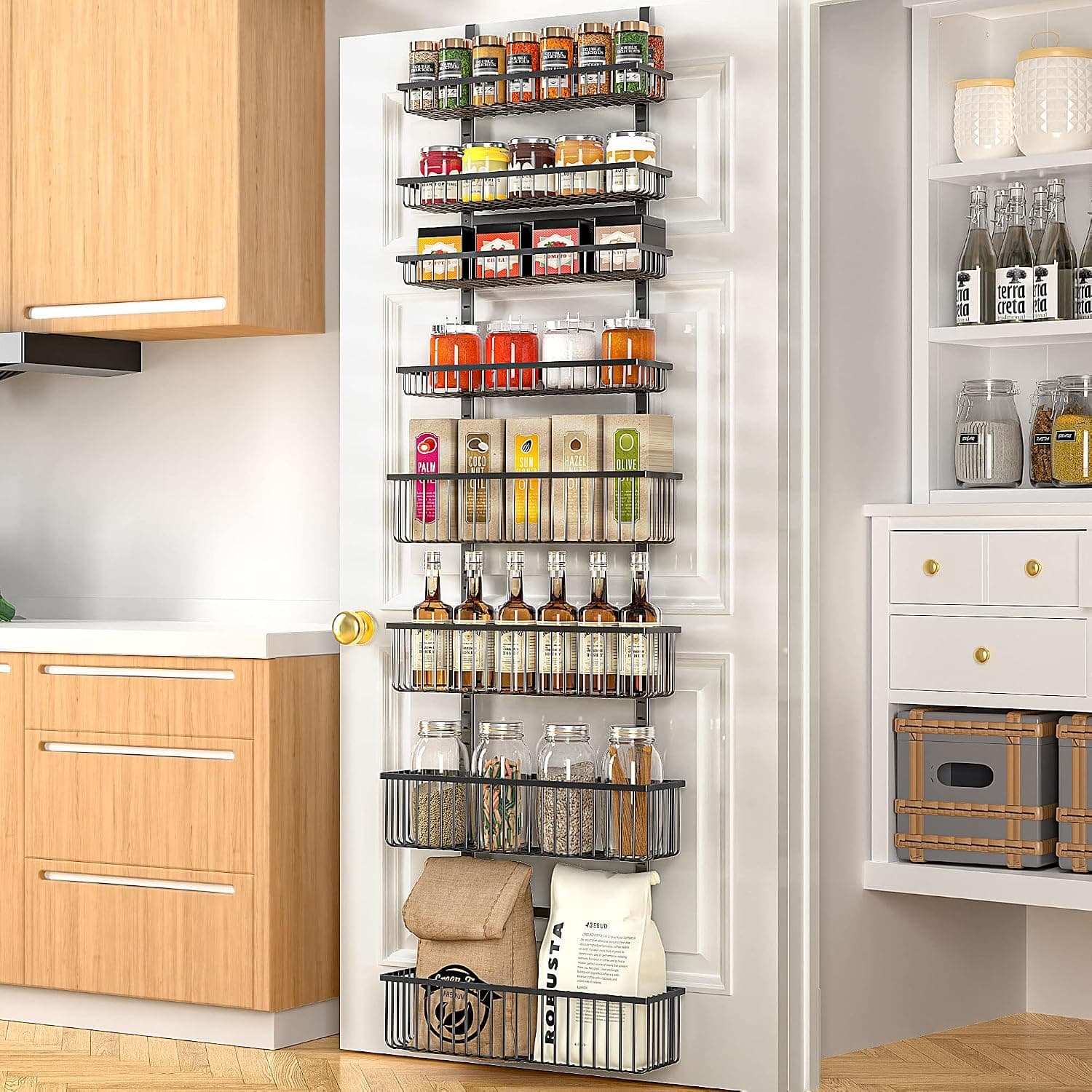 Moforoco Over The Door Pantry Organizer Shelves, Hanging Basket Spice Rack, Black