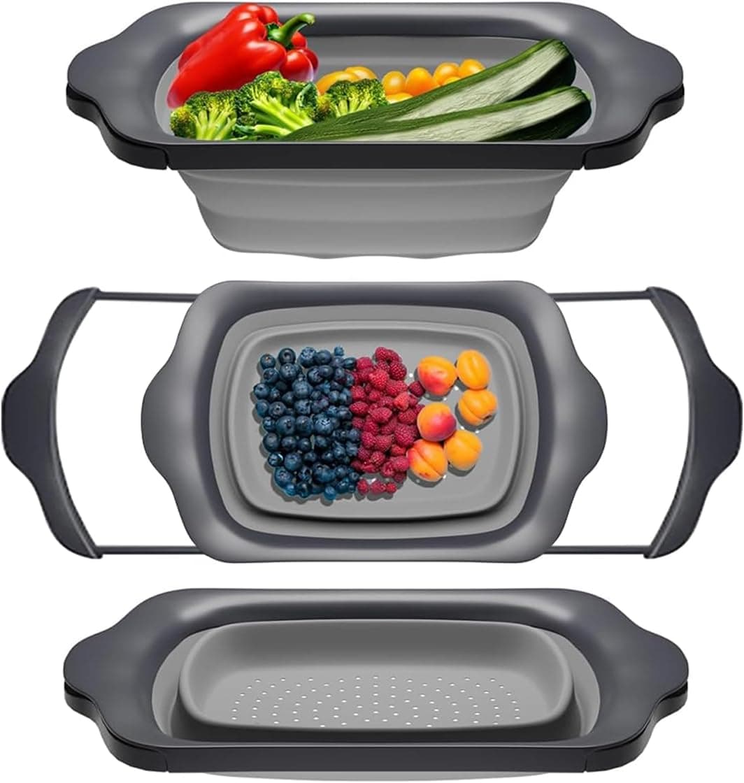 Comfify Gray Collapsible Silicone Over-Sink Colander, 6 Qt, Extendable Handles, Heat Resistant