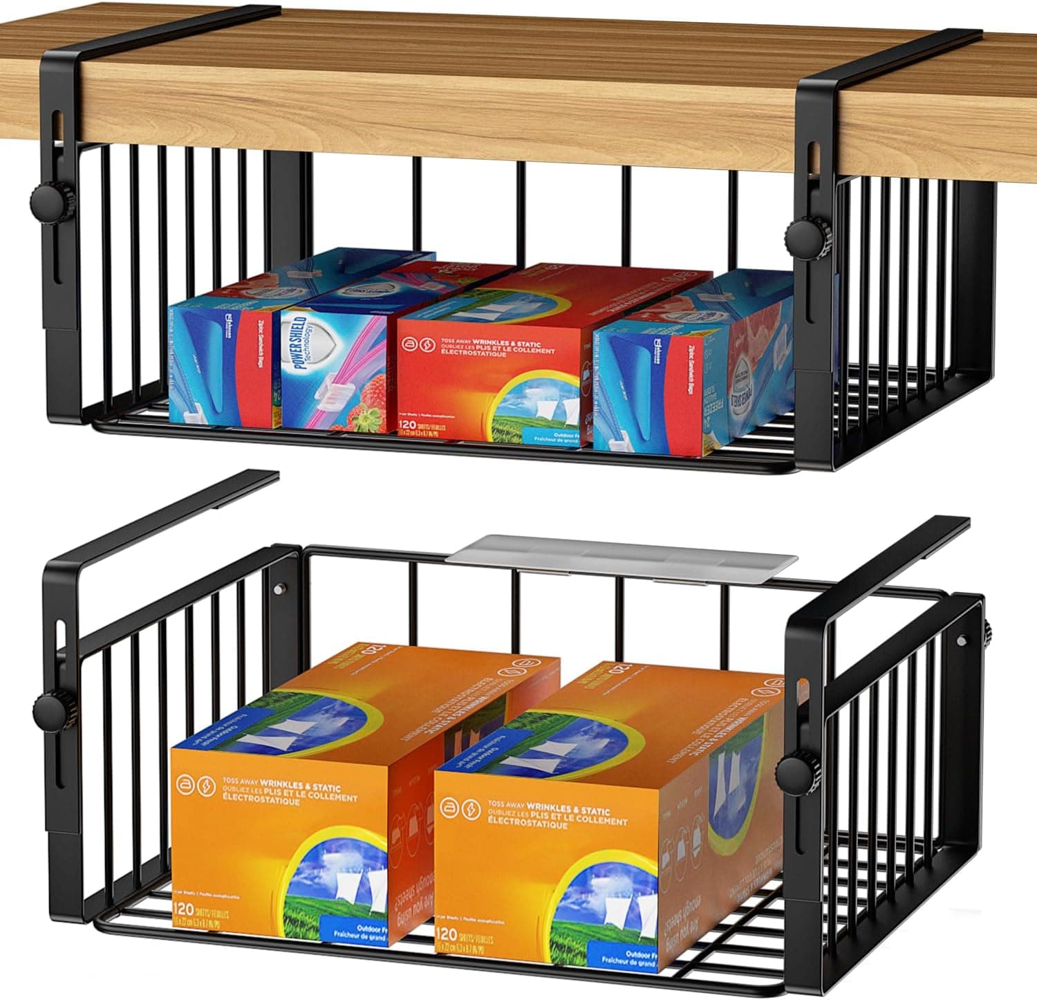 AmonHouseware 2 Pack Under Shelf Storage Basket Organizer, Black Adjustable Hanging Slide-in