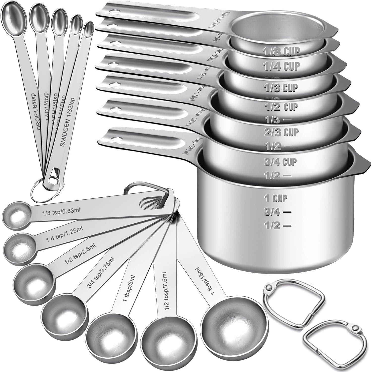 EWFEN Measuring Cups and Spoons Set, 7 Stainless Steel Nesting Cups & Spoons with Detachable Ri