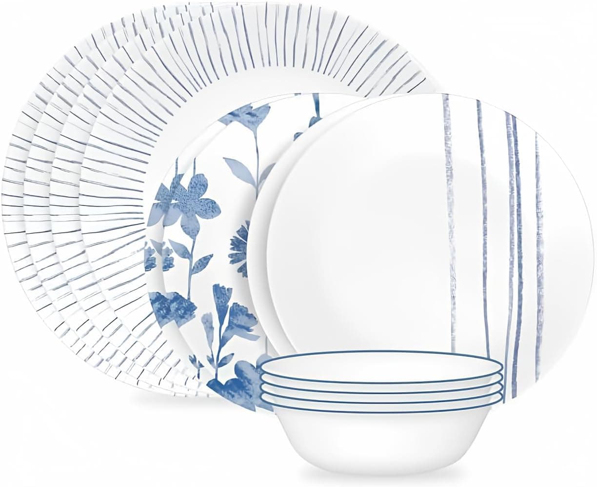 Corelle Botanical Stripes 12-Piece Ultra-Stackable Dinnerware Set, Service for 4