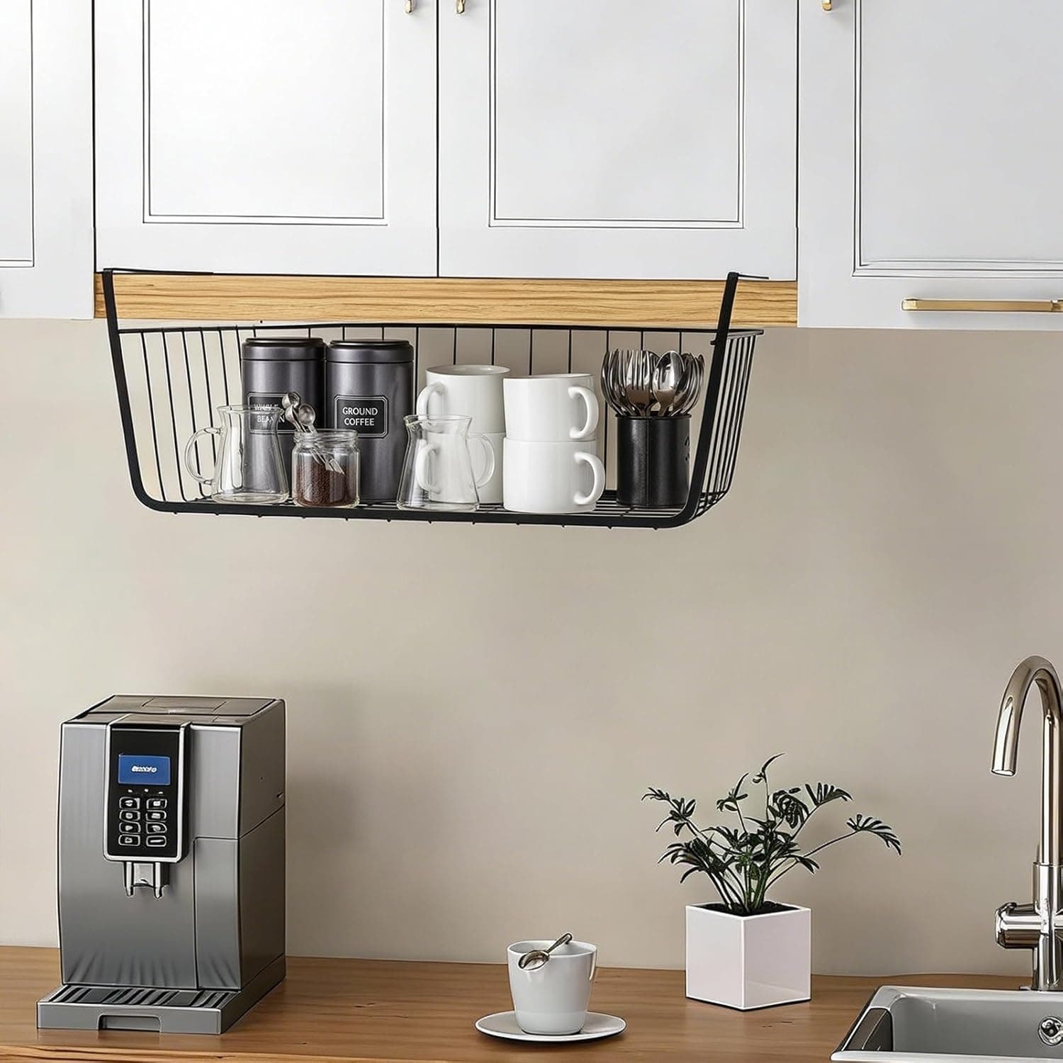 Under Shelf Basket 2 Pack Pantry Shelf Organizer White Metal, Holds 22 lbs No Installation