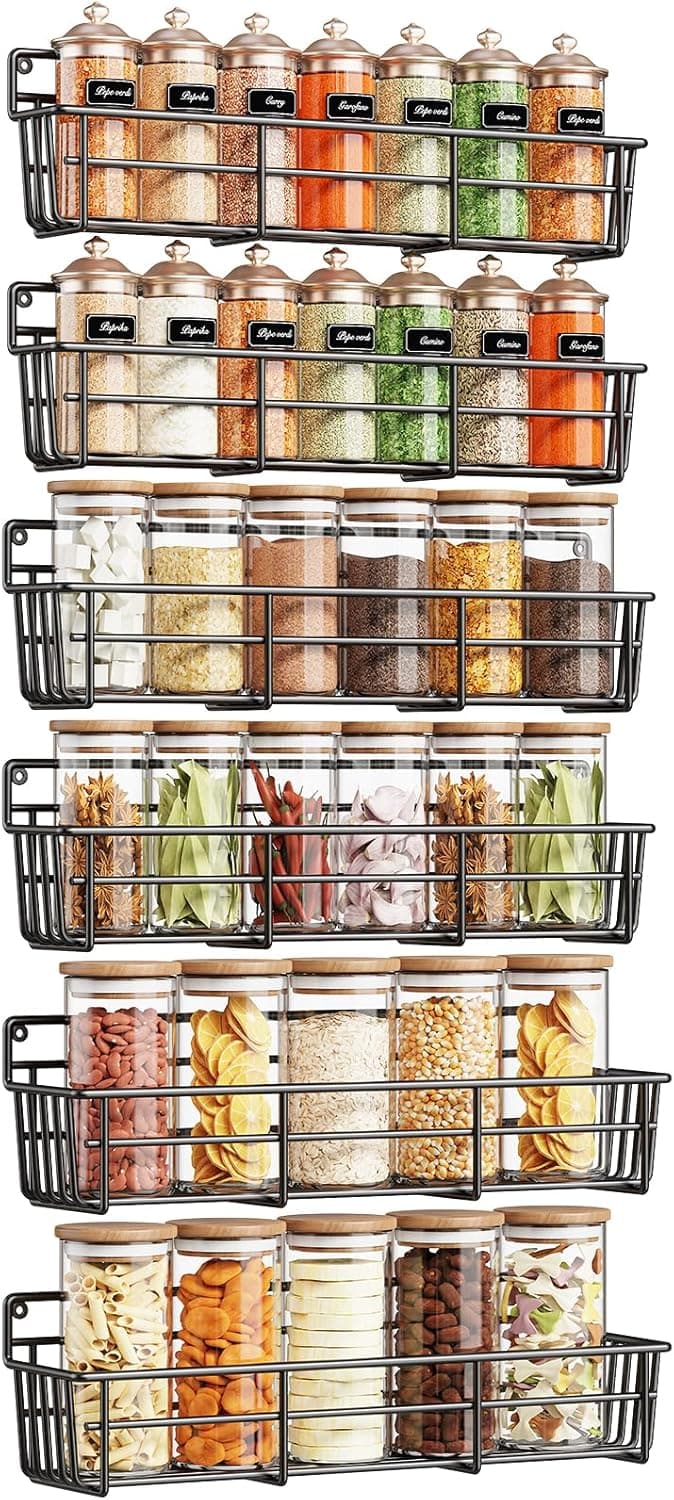 Mystozer Spice Rack Wall Mounted 6 Pack, Screw or Adhesive Hanging Spice Organizer
