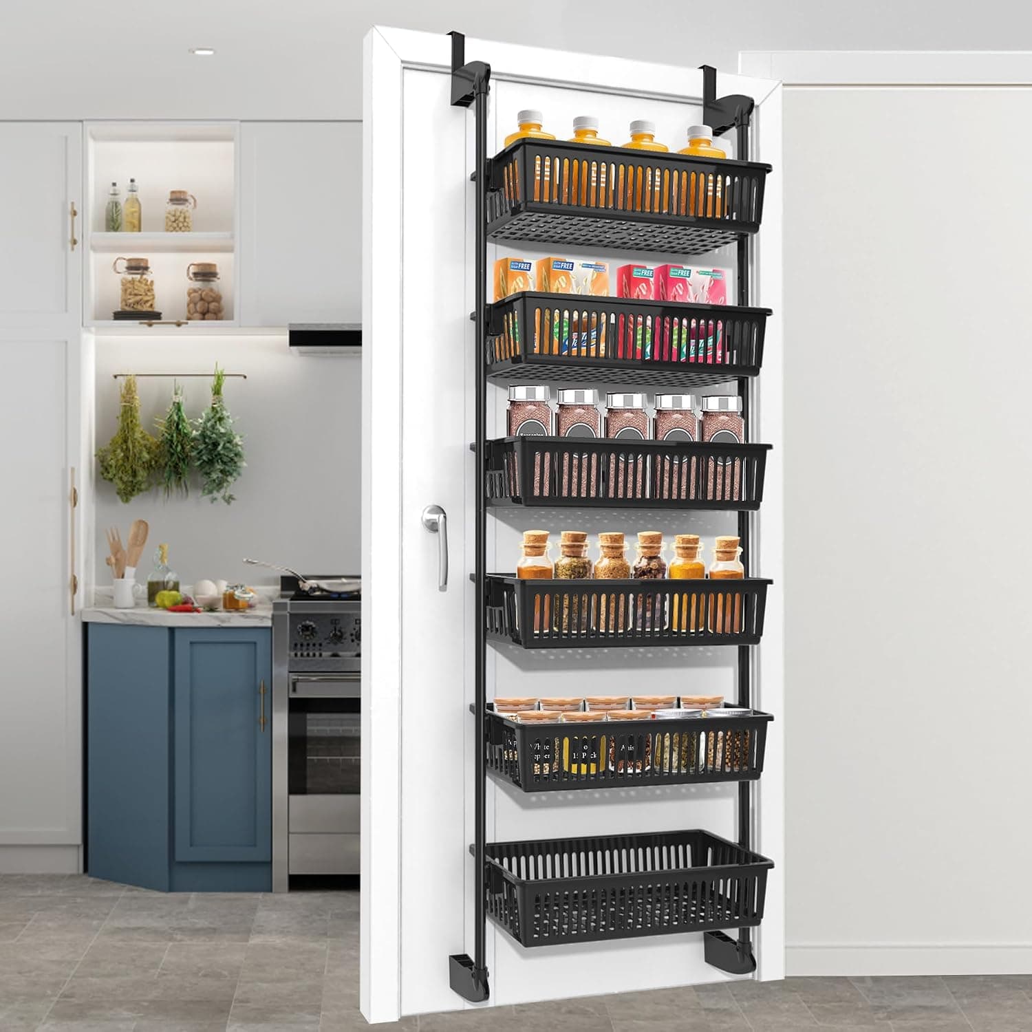 Pantry Door Organizer, Over the Door 6-Tier Adjustable Baskets, Heavy-Duty Metal