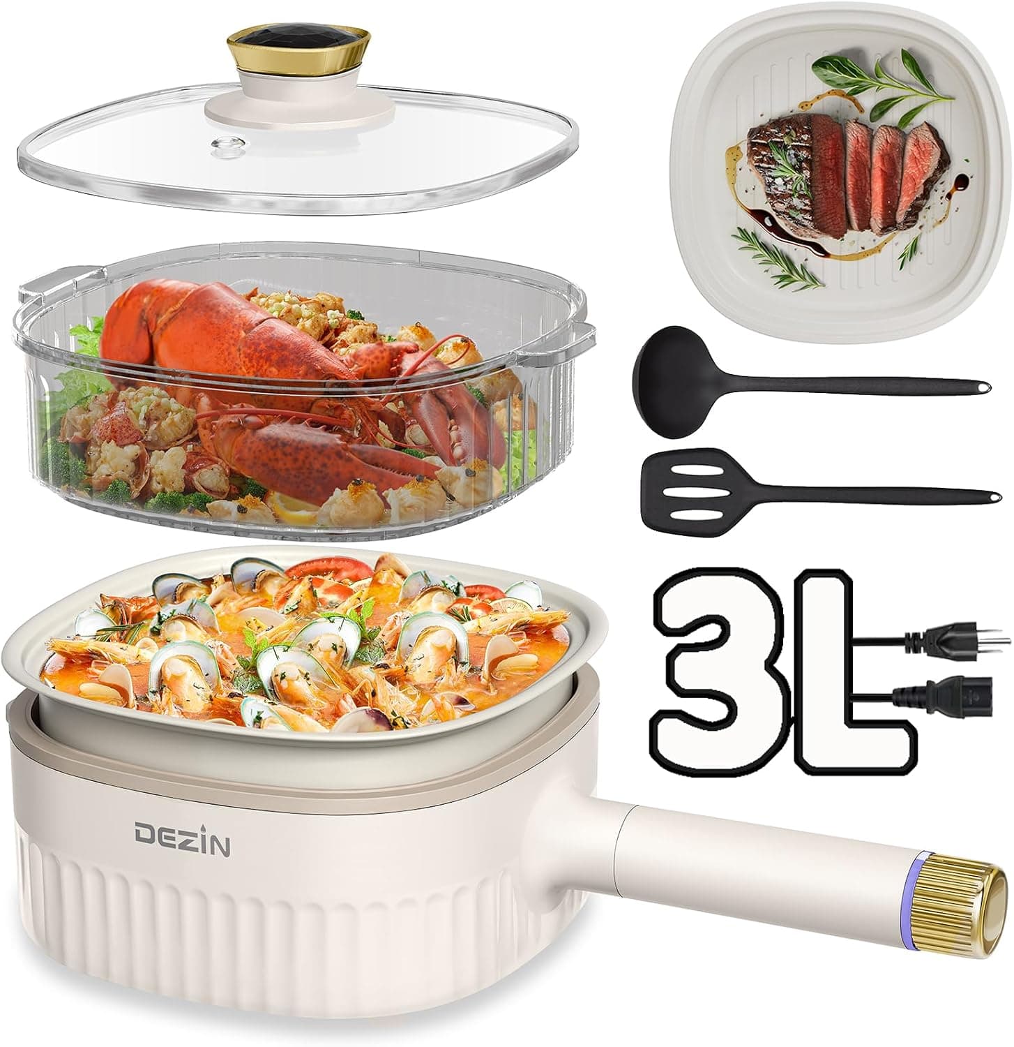 DEZIN Hot Pot Electric 3L, Nonstick 3-in-1 Cooker with Grill Pan & Steamer, 1000W