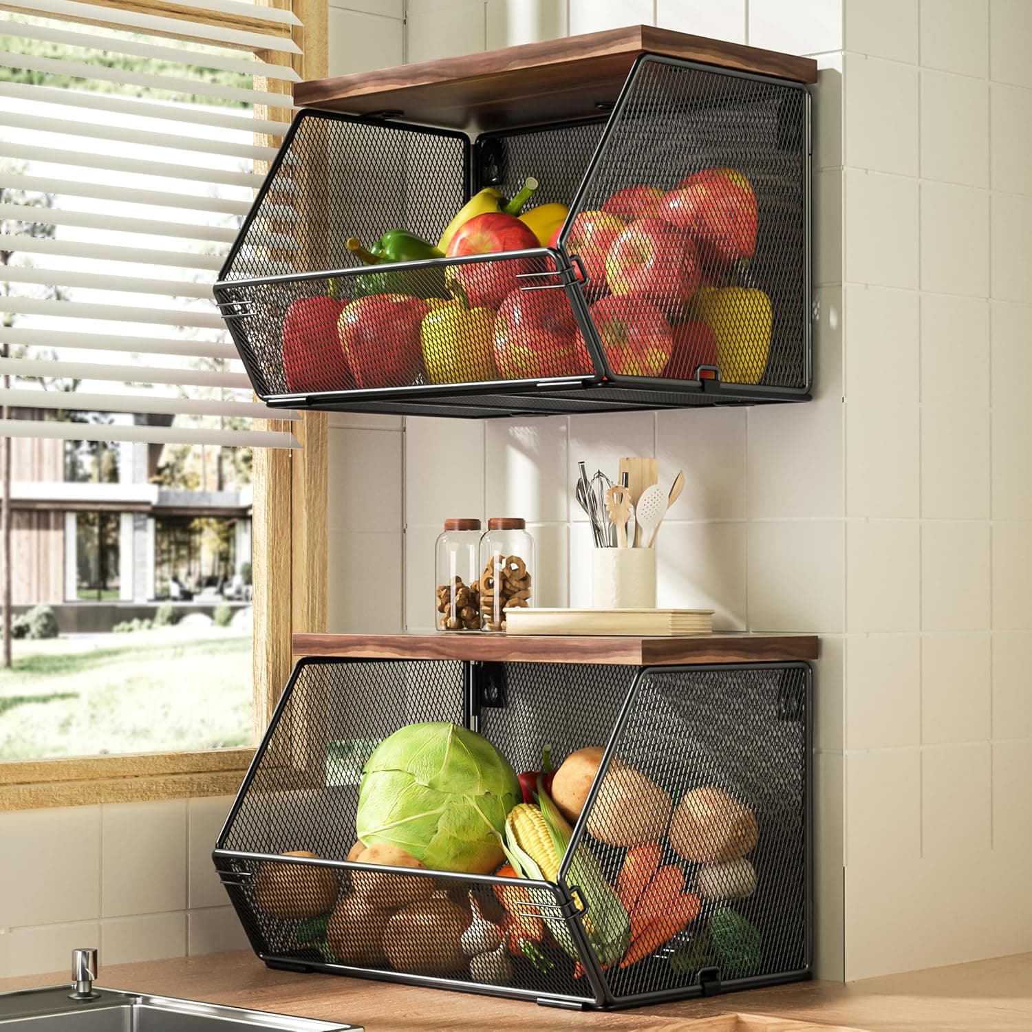 Stackable Fruit Basket 2 Pack, Wall Mounted Mesh Metal Wire with Wood Lid