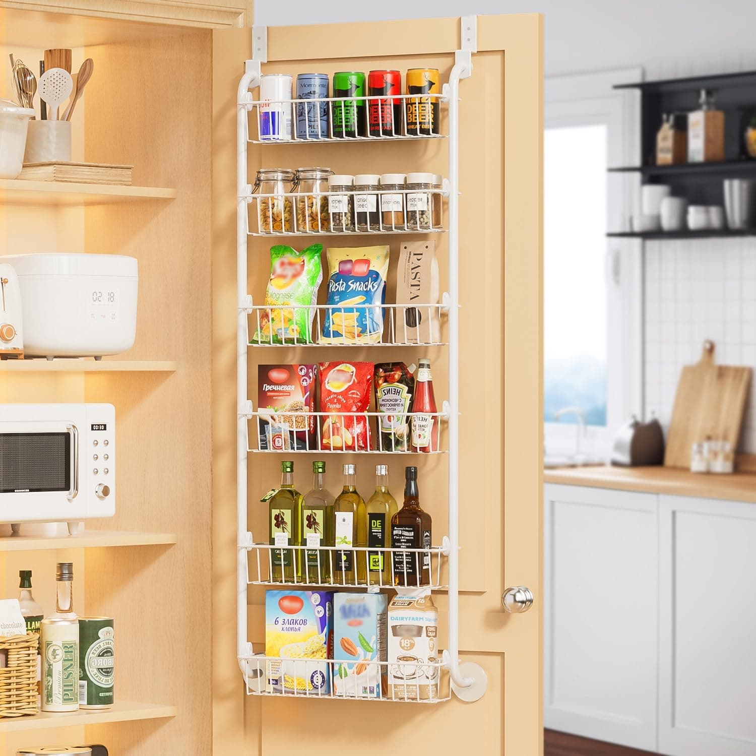Delamu Over the Door Pantry Organizer, 6-Tier Metal Cabinet Door Rack, White
