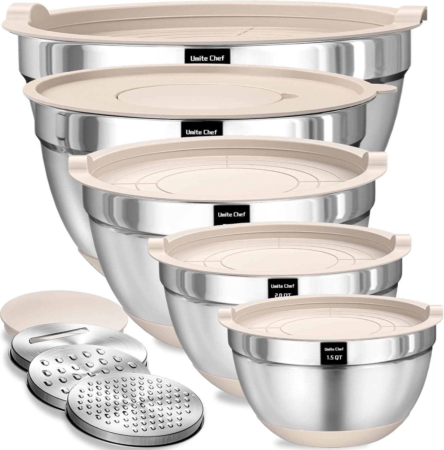 Umite Chef Mixing Bowls with Airtight Lids Set, 8PCS Stainless Steel Nesting Bowls with Grater