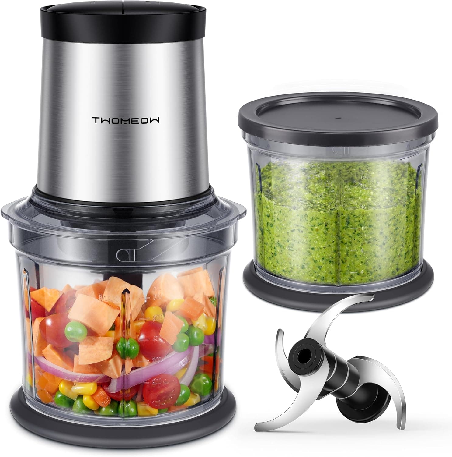 Food Processor 4 Cup, Electric Food Chopper, Meat Grinder with 2 Bowls, 2 Speed & 4 Blades