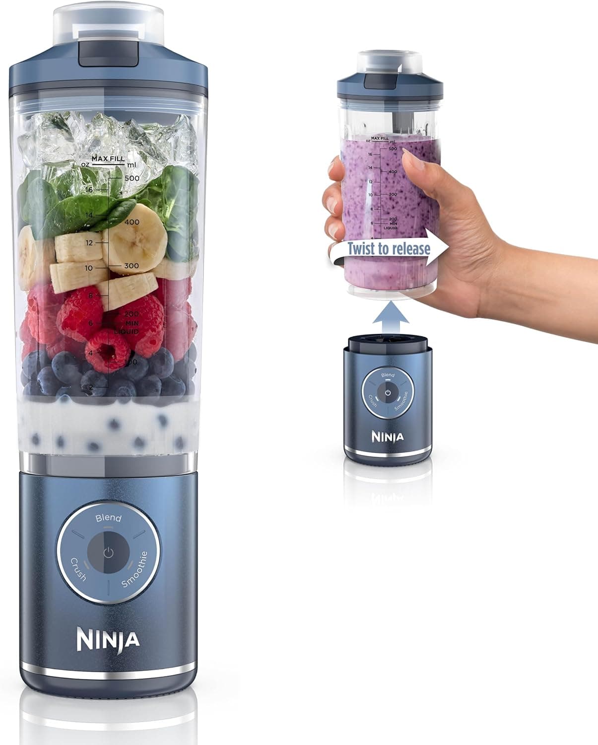 Ninja Blast Max Portable Blender + Twist & Go, 22oz Removable Vessel, Cordless, Navy, BC251NV