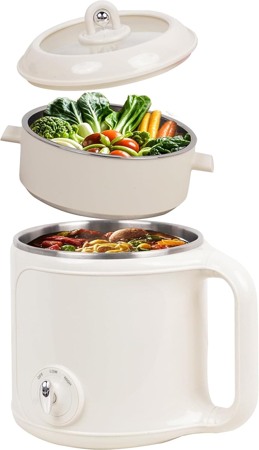 Ksalinameslon Electric Hot Pot with Steamer, 2.0L Stainless Steel Ramen Cooker