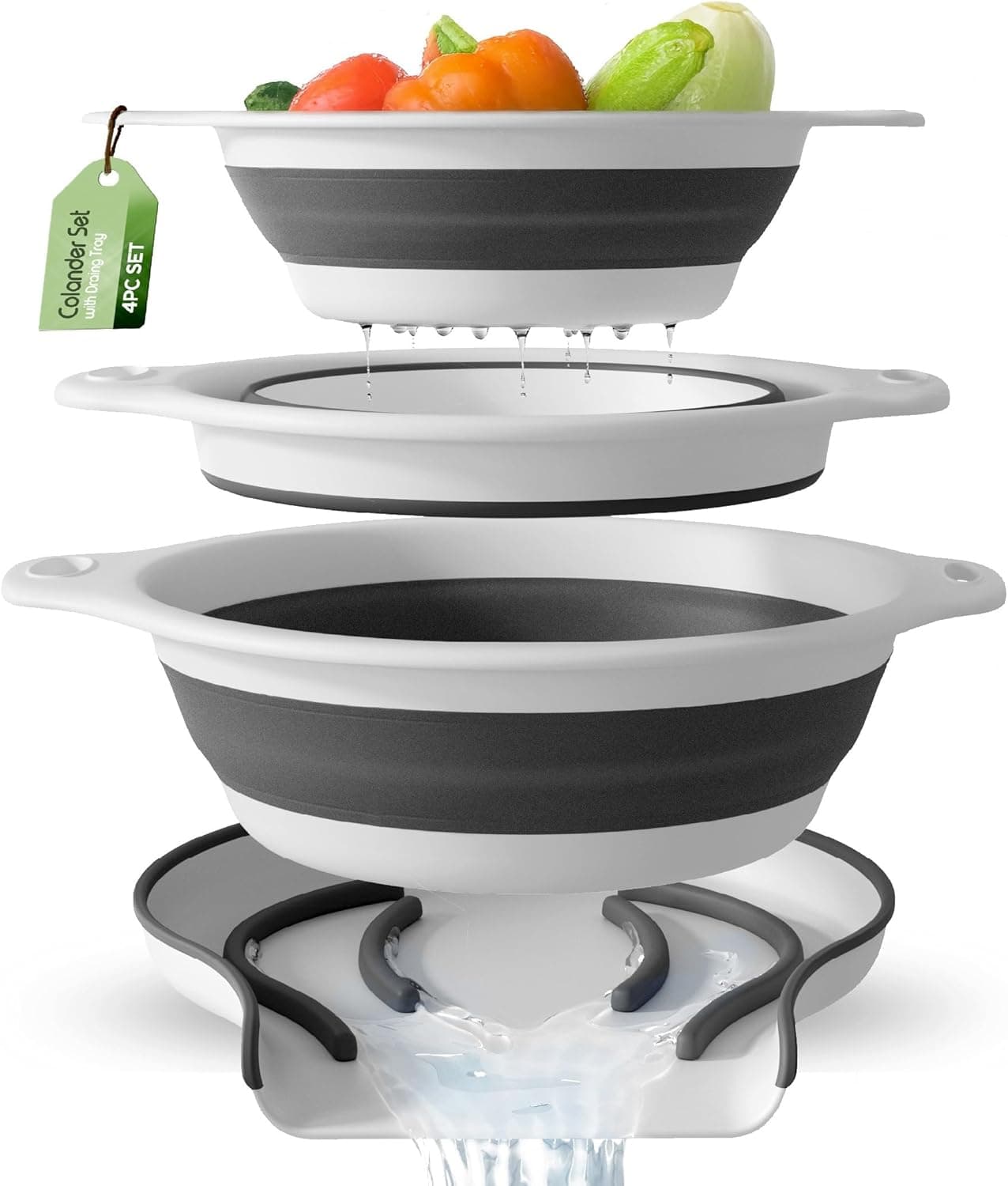Gevoli Collapsible Colanders 3 Pack Set, Food Strainers with Over-Sink Draining Base (3/4/5 Qt)